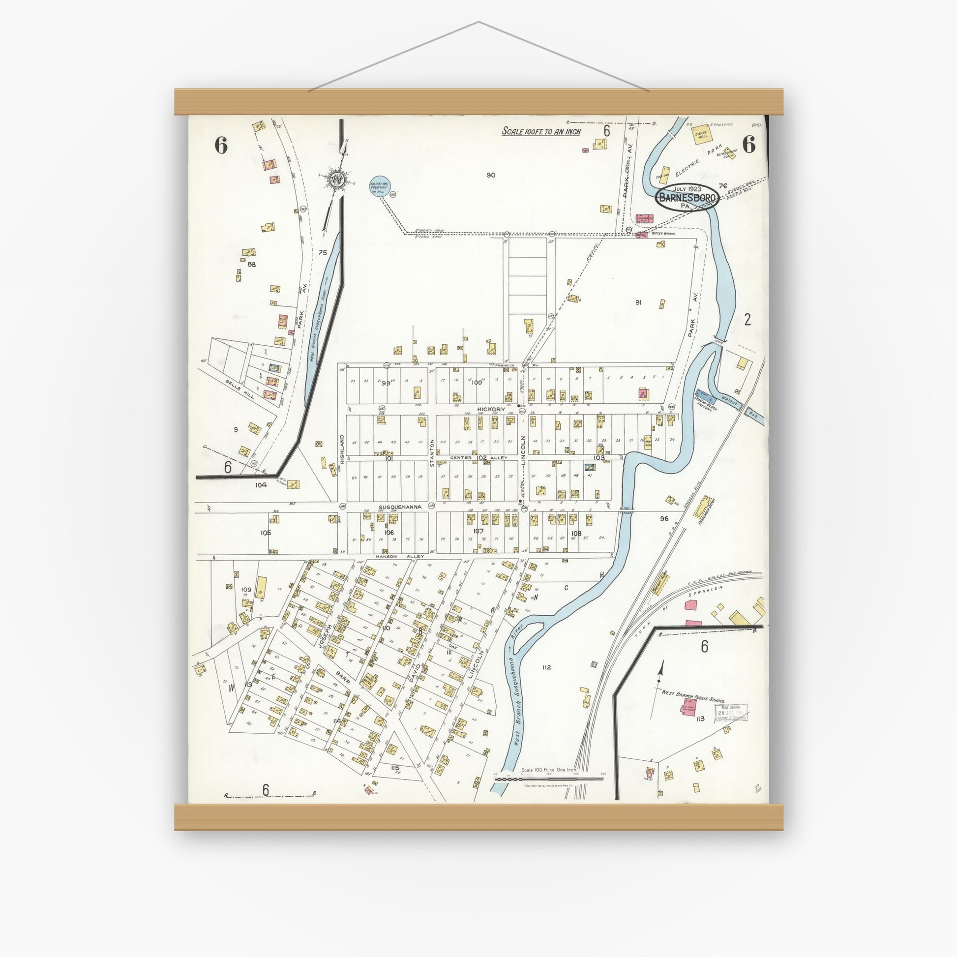 Old map wall art mockup — magnetic wood frame on white wall — Sanborn Fire Insurance Map from Barnesboro, Cambria County, Pennsylvania (1923), Sheet #0006