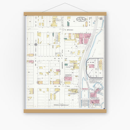 Old map wall art mockup — magnetic wood frame on white wall — Sanborn Fire Insurance Map from Little Falls, Morrison County, Minnesota (1909), Sheet #0011