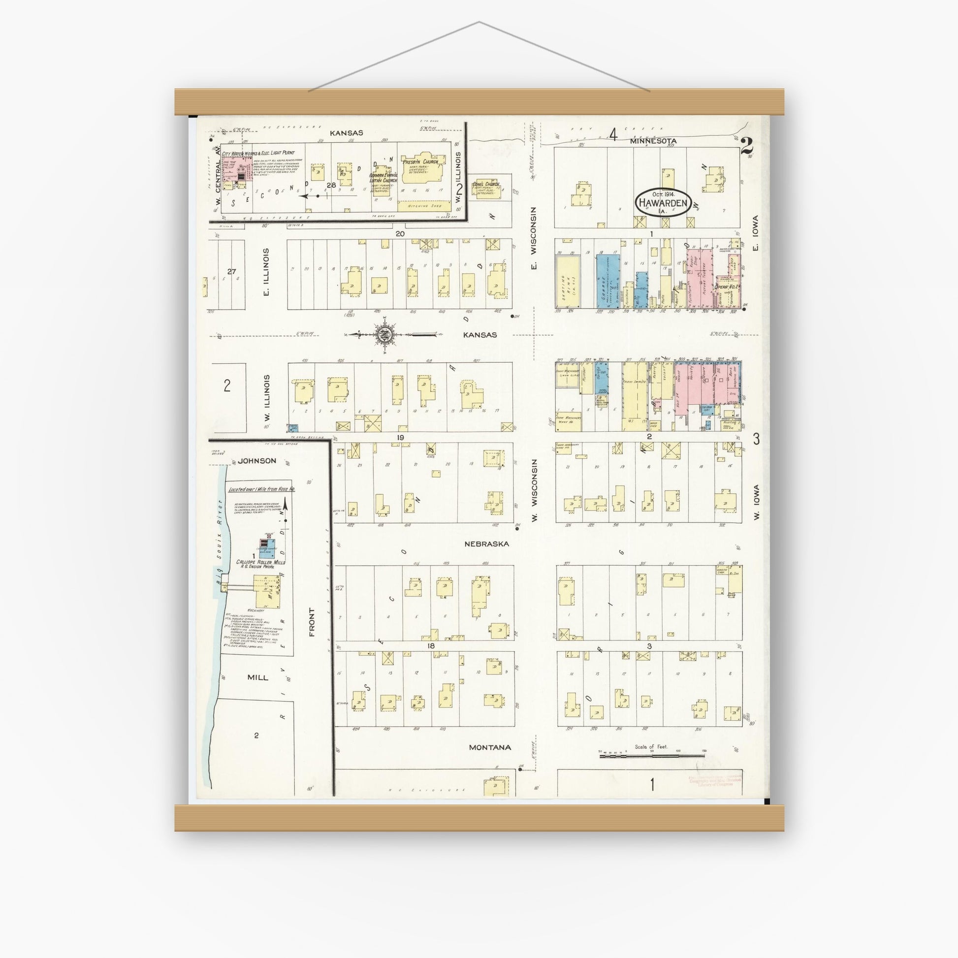 Old map wall art mockup — magnetic wood frame on white wall — Sanborn Fire Insurance Map from Hawarden, Sioux County, Iowa (1914), Sheet #0002