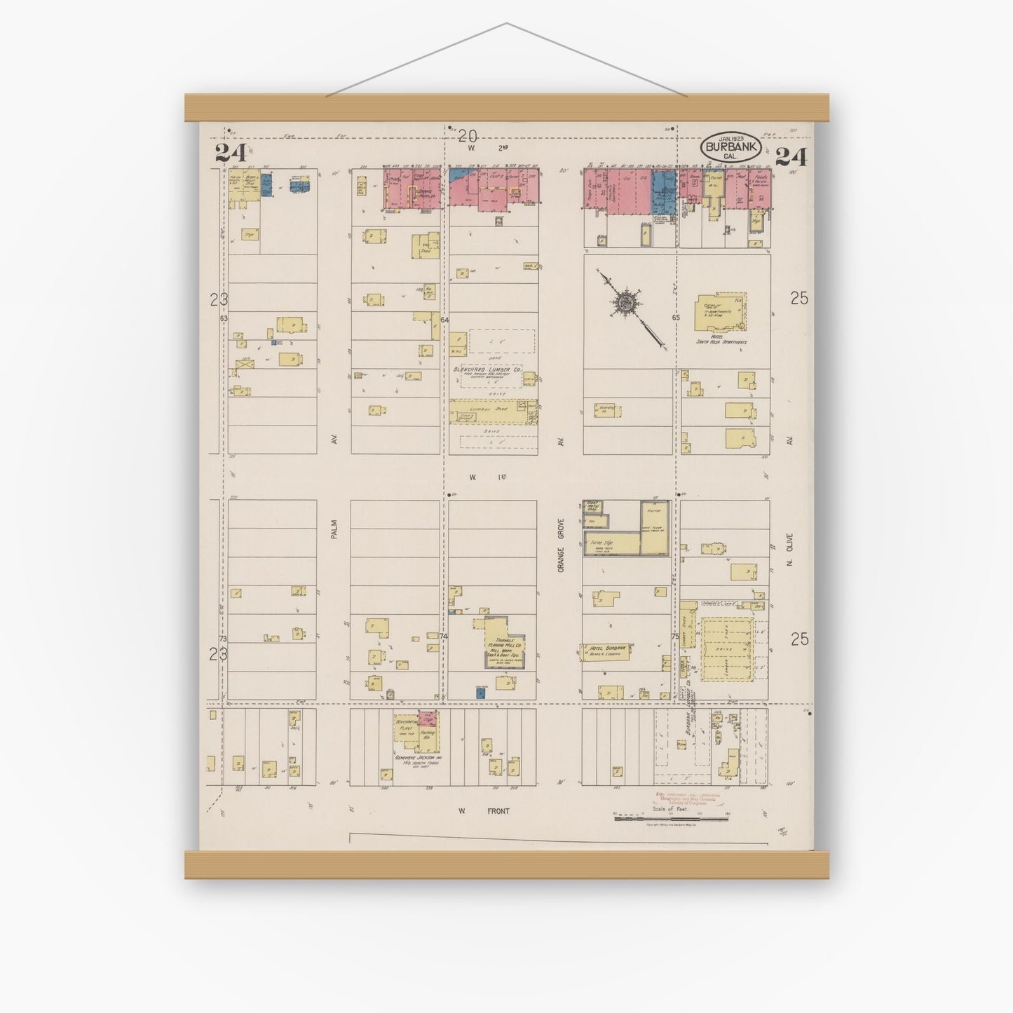Old map wall art mockup — magnetic wood frame on white wall — Sanborn Fire Insurance Map from Burbank, Los Angeles County, California (1923), Sheet #0024