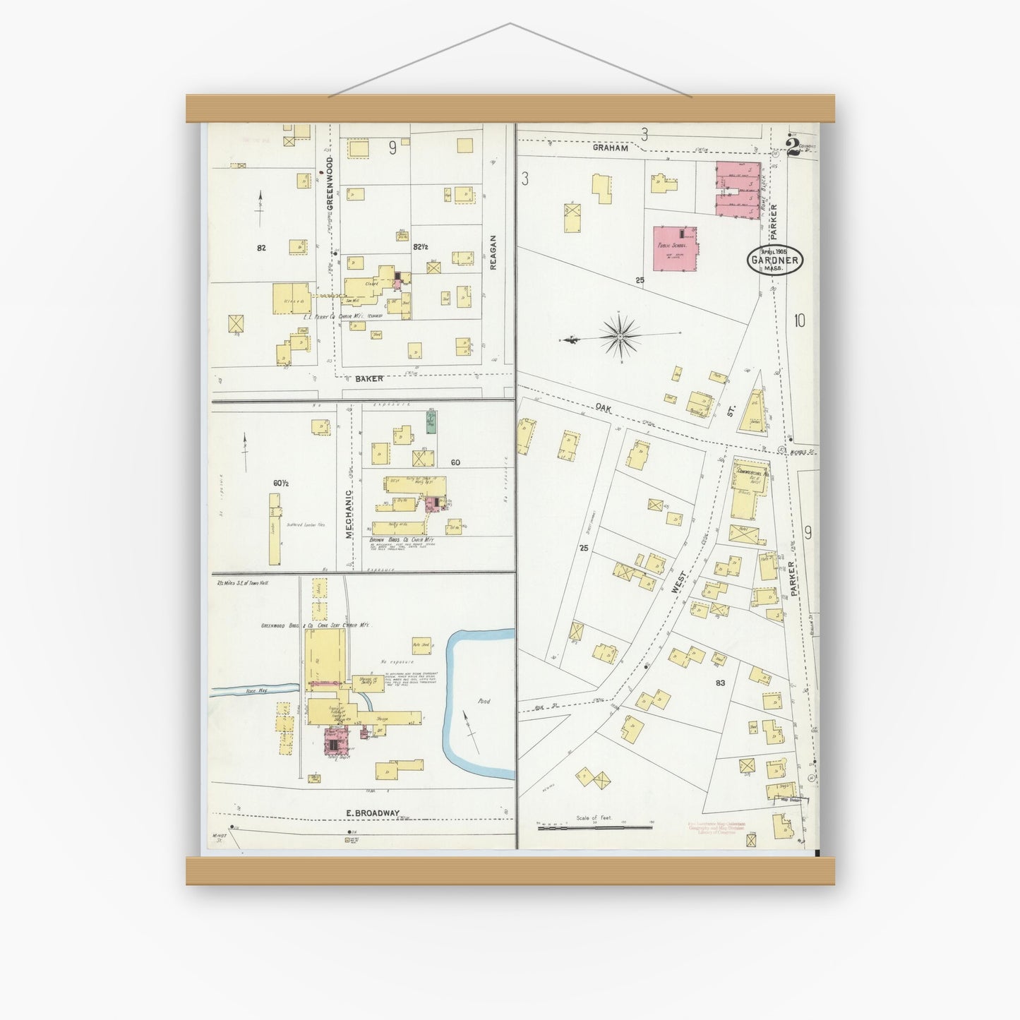 Old map wall art mockup — magnetic wood frame on white wall — Sanborn Fire Insurance Map from Gardner, Worcester County, Massachusetts (1905), Sheet #0002