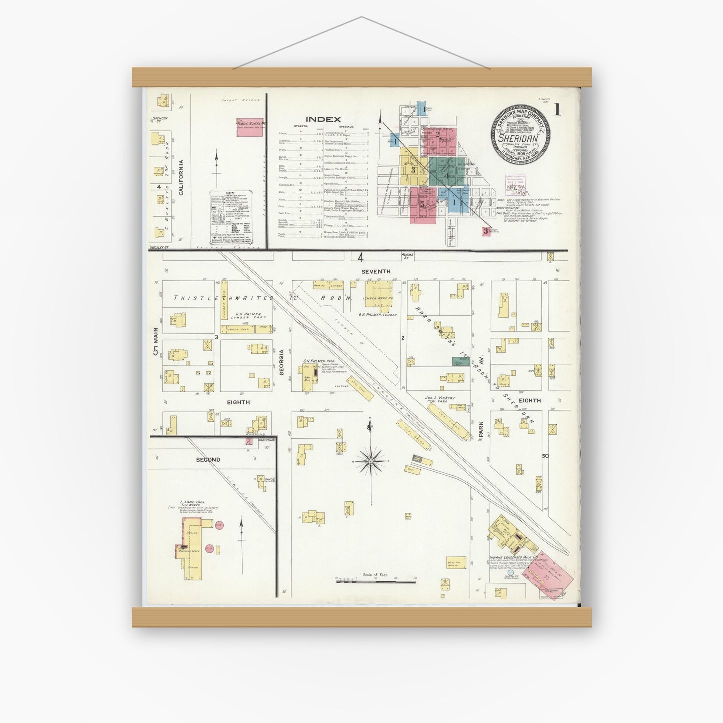 Old map wall art mockup — magnetic wood frame on white wall — Sanborn Fire Insurance Map from Sheridan, Hamilton County, Indiana (1909) - Complete Map Set