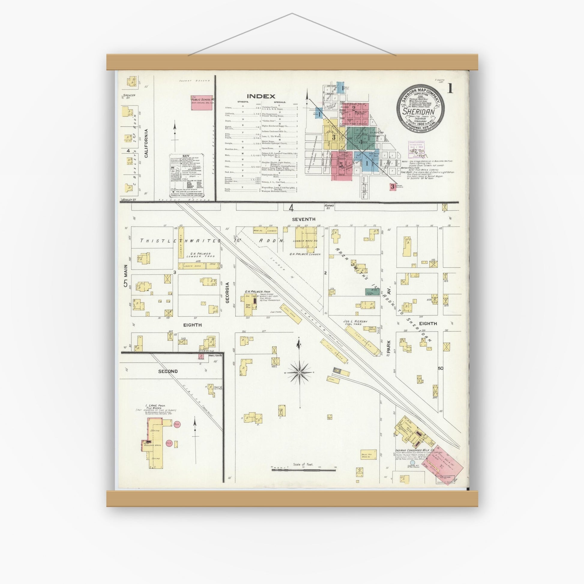 Old map wall art mockup — magnetic wood frame on white wall — Sanborn Fire Insurance Map from Sheridan, Hamilton County, Indiana (1909) - Complete Map Set