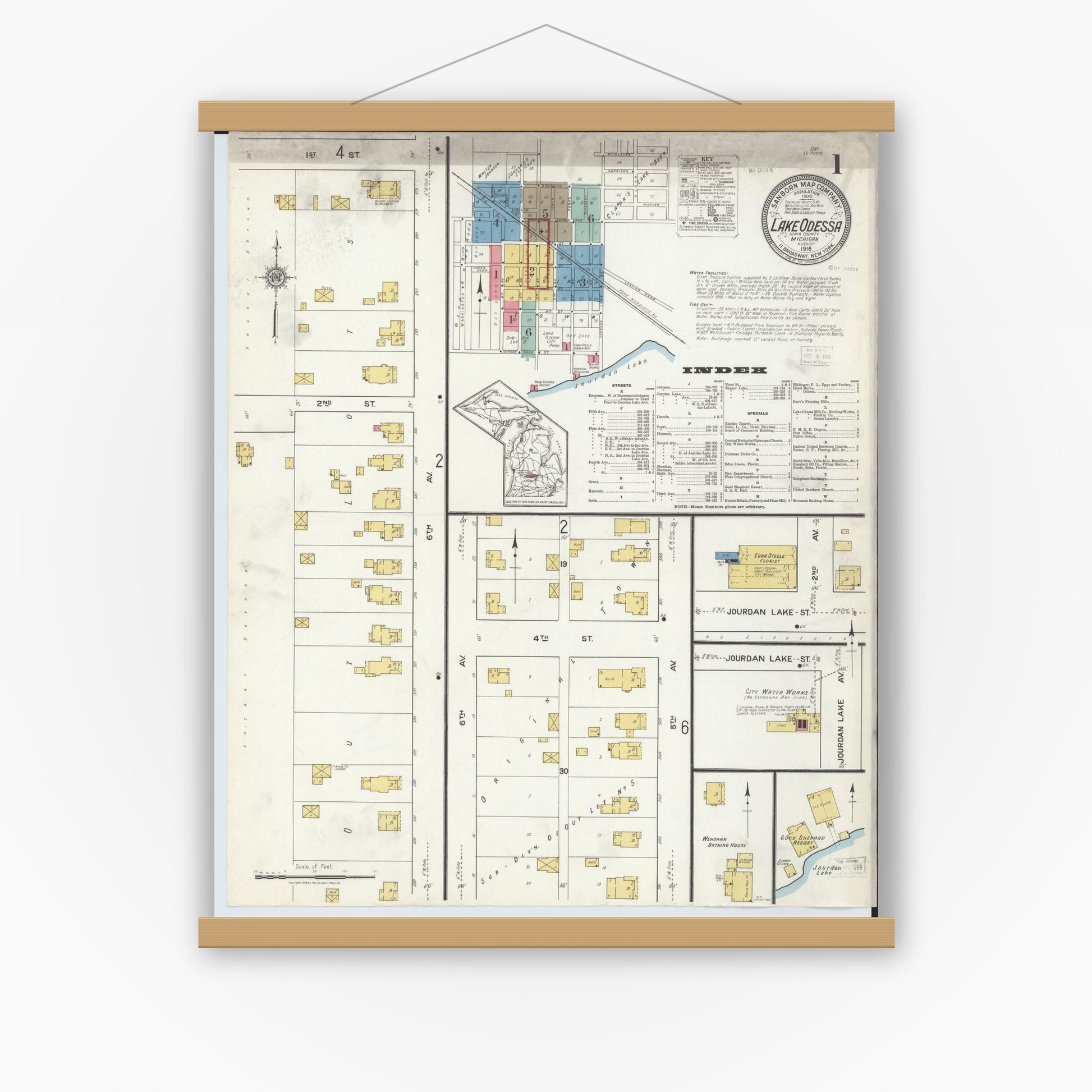 Old map wall art mockup — magnetic wood frame on white wall — Sanborn Fire Insurance Map from Lake Odessa, Ionia County, Michigan (1918) - Complete Map Set