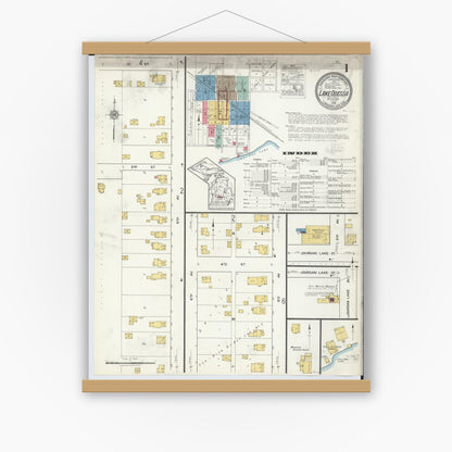Old map wall art mockup — magnetic wood frame on white wall — Sanborn Fire Insurance Map from Lake Odessa, Ionia County, Michigan (1918) - Complete Map Set