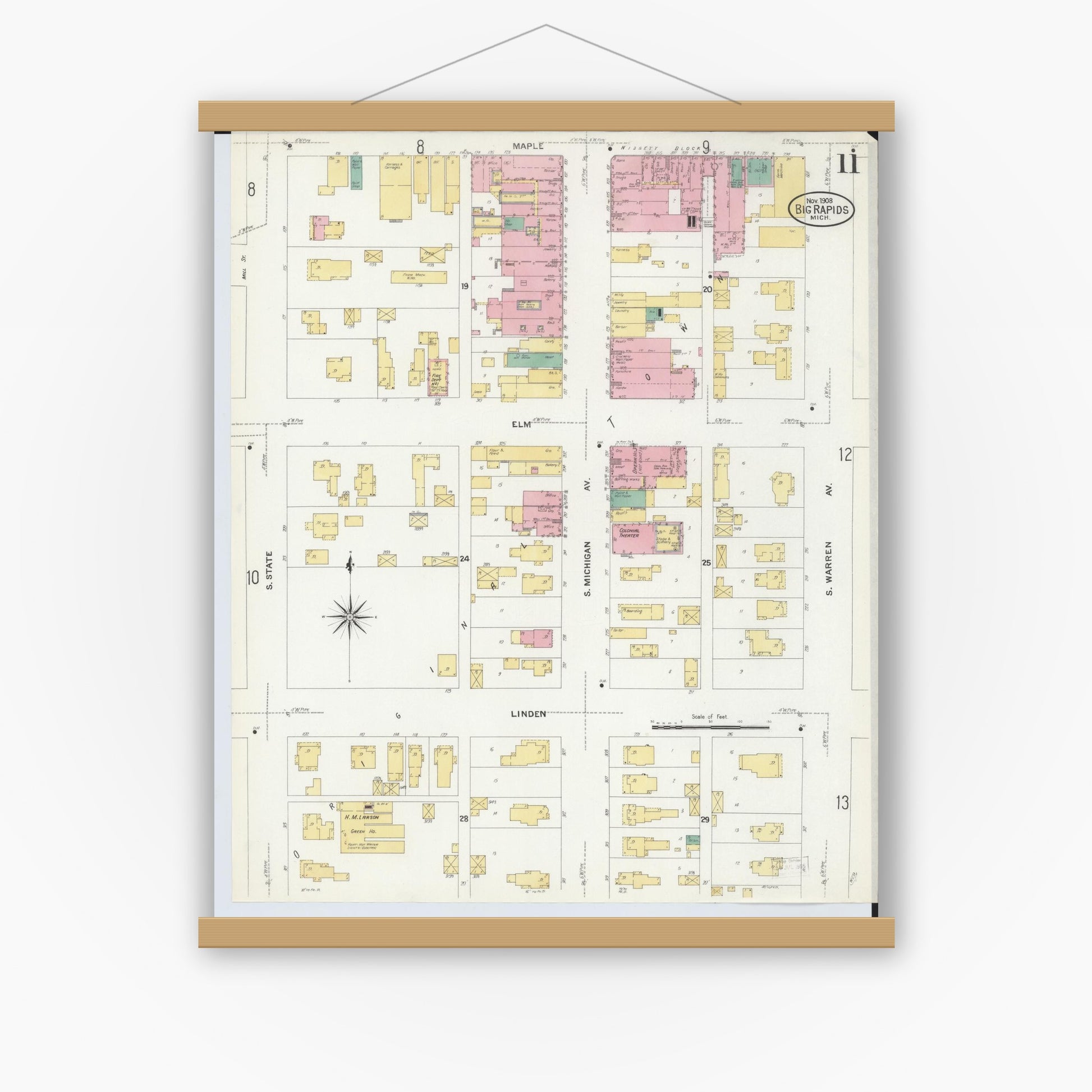 Old map wall art mockup — magnetic wood frame on white wall — Sanborn Fire Insurance Map from Big Rapids, Mecosta County, Michigan (1908), Sheet #0011