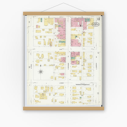 Old map wall art mockup — magnetic wood frame on white wall — Sanborn Fire Insurance Map from Big Rapids, Mecosta County, Michigan (1908), Sheet #0011