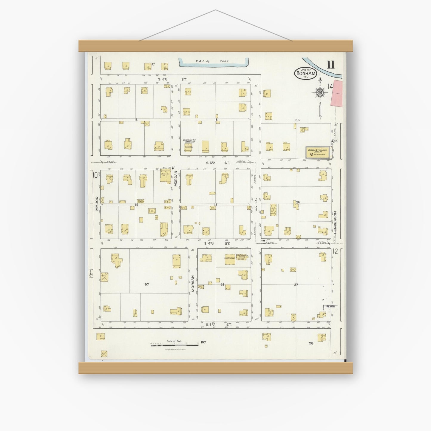 Old map wall art mockup — magnetic wood frame on white wall — Sanborn Fire Insurance Map from Bonham, Fannin County, Texas (1917), Sheet #0011