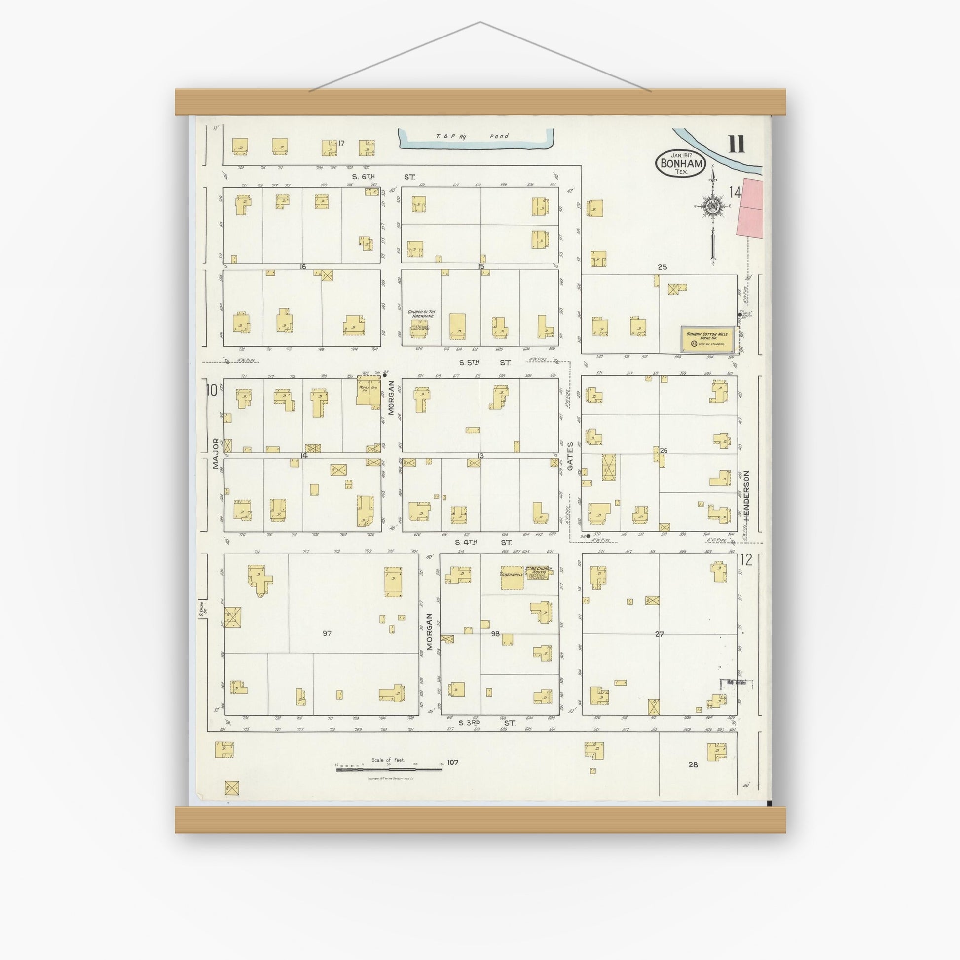 Old map wall art mockup — magnetic wood frame on white wall — Sanborn Fire Insurance Map from Bonham, Fannin County, Texas (1917), Sheet #0011