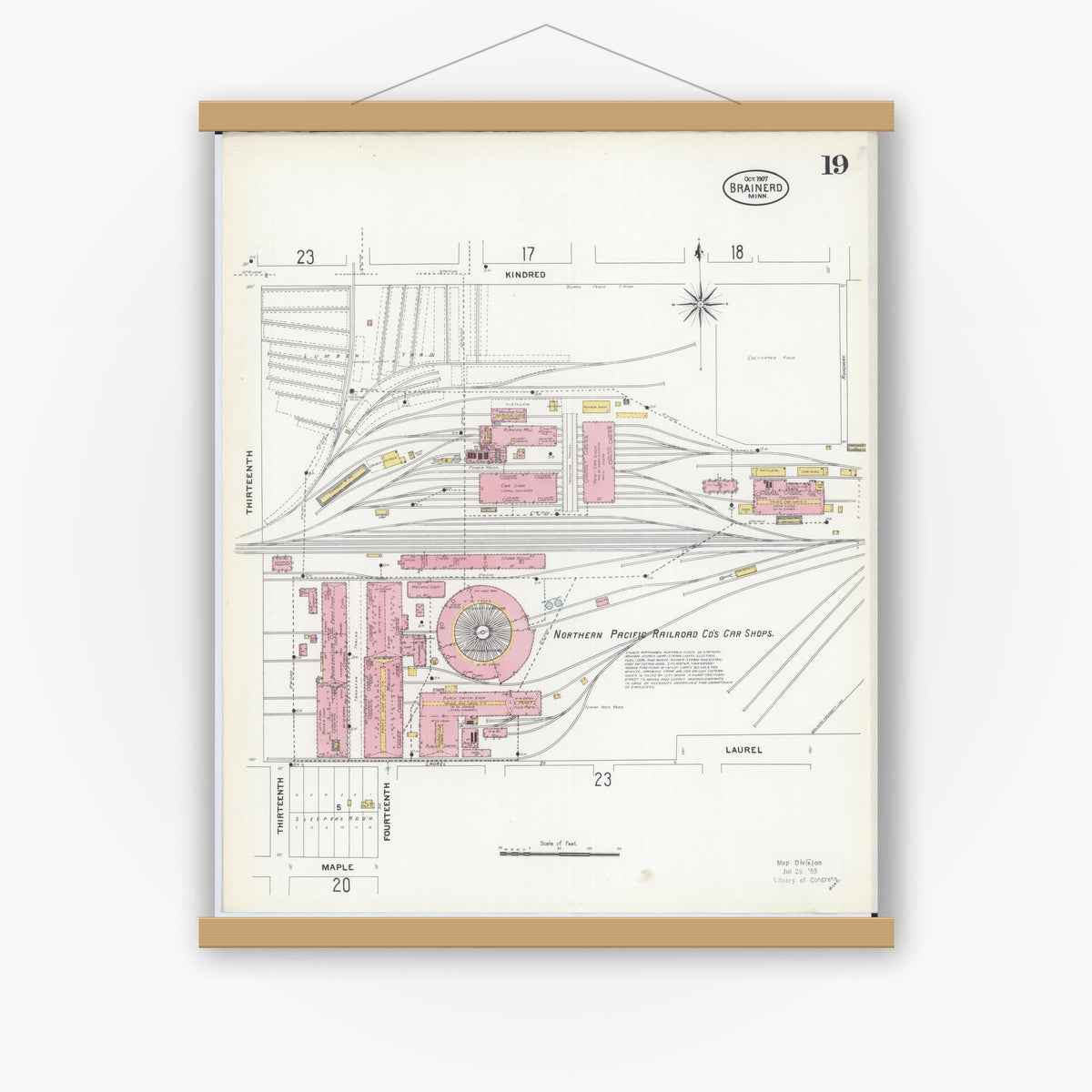 Old map wall art mockup — magnetic wood frame on white wall — Sanborn Fire Insurance Map from Brainerd, Crow Wing County, Minnesota (1907), Sheet #0019