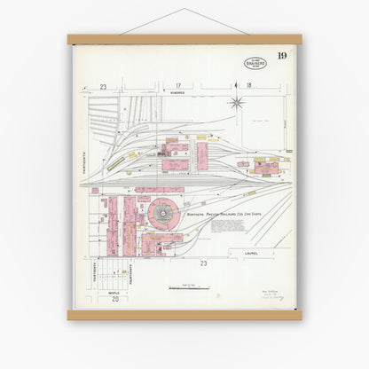 Old map wall art mockup — magnetic wood frame on white wall — Sanborn Fire Insurance Map from Brainerd, Crow Wing County, Minnesota (1907), Sheet #0019