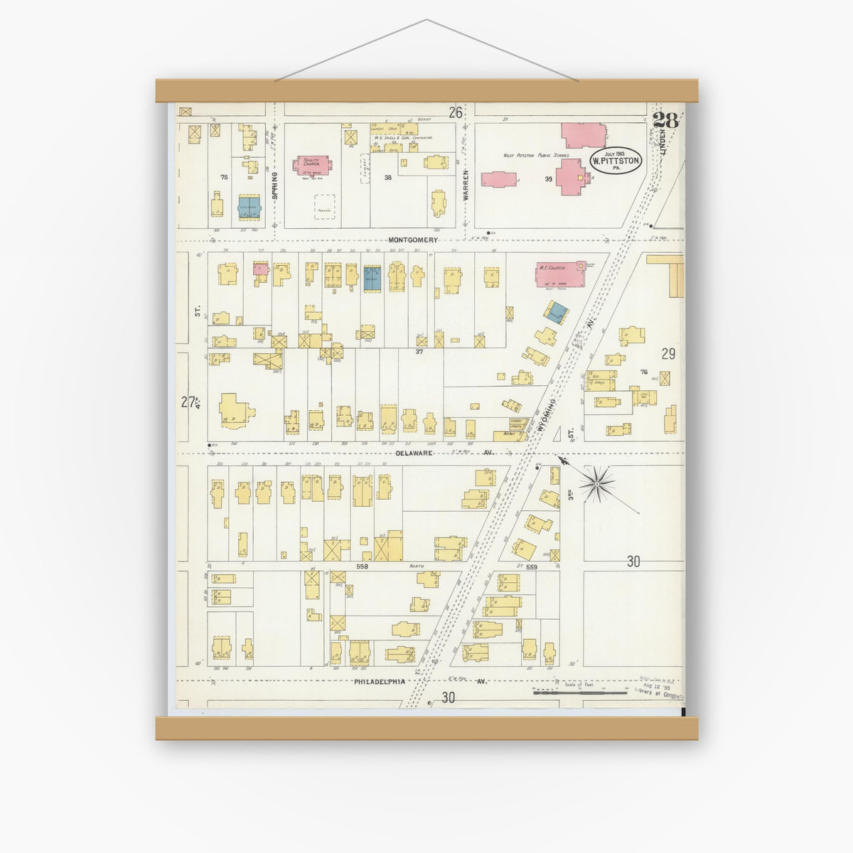 Old map wall art mockup — magnetic wood frame on white wall — Sanborn Fire Insurance Map from Pittston, Luzerne County, Pennsylvania (1903), Sheet #0028