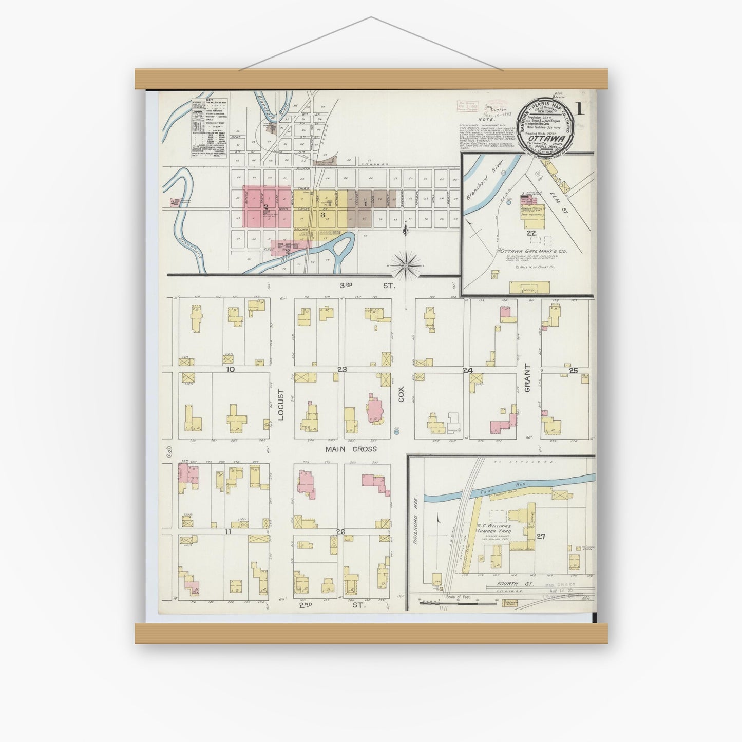 Old map wall art mockup — magnetic wood frame on white wall — Sanborn Fire Insurance Map from Ottawa, Putnam County, Ohio (1893), Sheet #0001