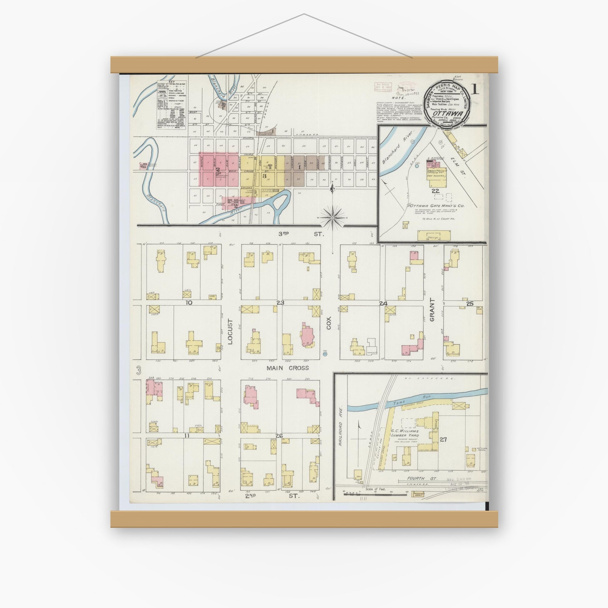 Old map wall art mockup — magnetic wood frame on white wall — Sanborn Fire Insurance Map from Ottawa, Putnam County, Ohio (1893), Sheet #0001