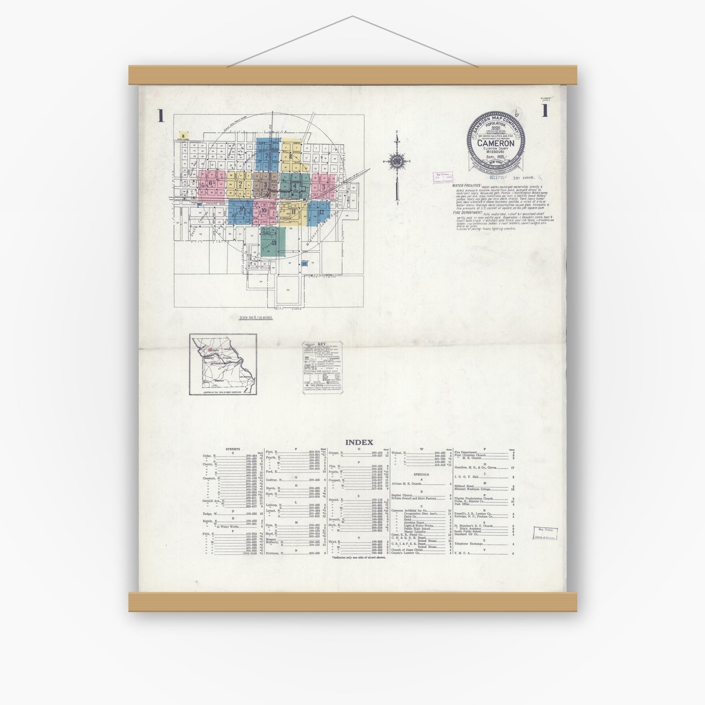 Old map wall art mockup — magnetic wood frame on white wall — Sanborn Fire Insurance Map from Cameron, Clinton County, Missouri (1925) - Complete Map Set