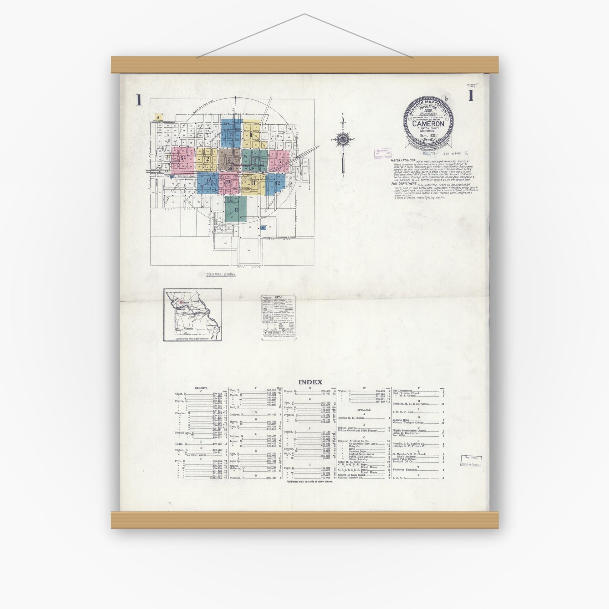 Old map wall art mockup — magnetic wood frame on white wall — Sanborn Fire Insurance Map from Cameron, Clinton County, Missouri (1925) - Complete Map Set