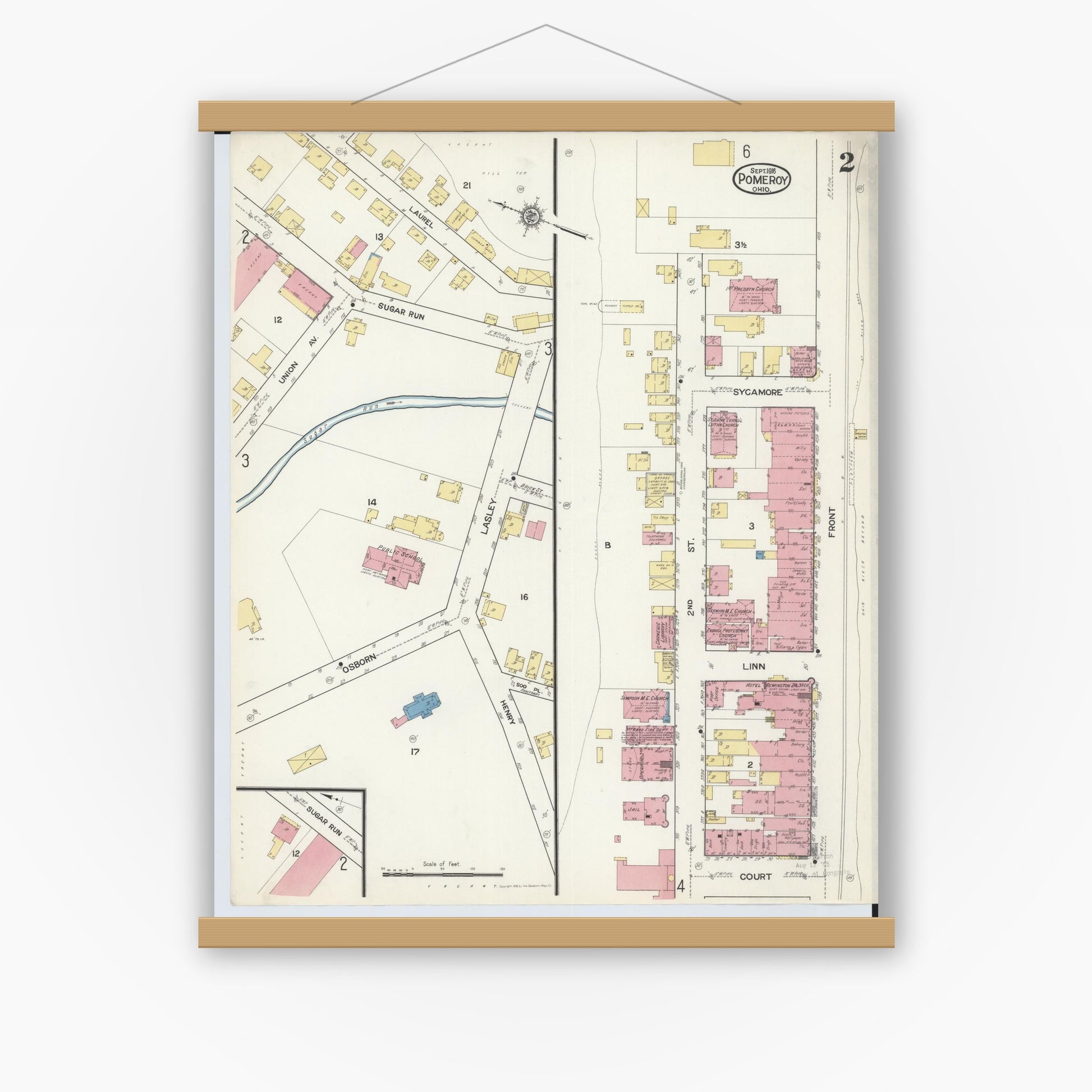 Old map wall art mockup — magnetic wood frame on white wall — Sanborn Fire Insurance Map from Pomeroy, Meigs County, Ohio (1916), Sheet #0002
