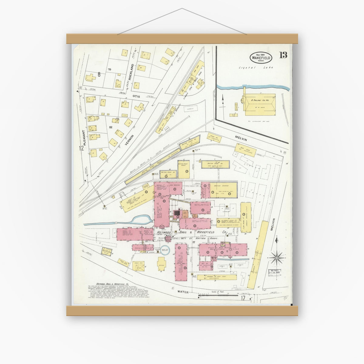 Old map wall art mockup — magnetic wood frame on white wall — Sanborn Fire Insurance Map from Wakefield, Middlesex County, Massachusetts (1909), Sheet #0013