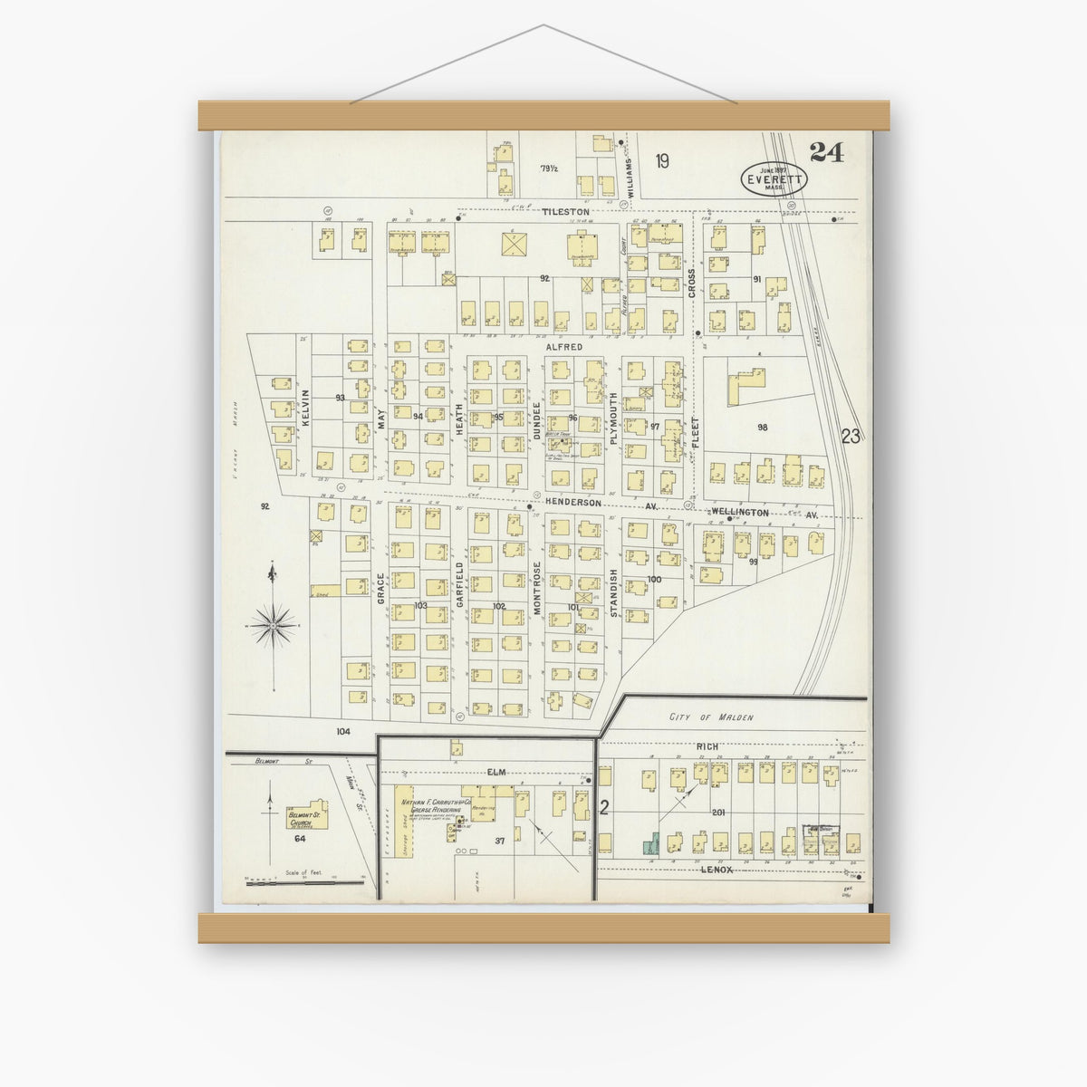 Old map wall art mockup — magnetic wood frame on white wall — Sanborn Fire Insurance Map from Everett, Middlesex County, Massachusetts (1897), Sheet #0024