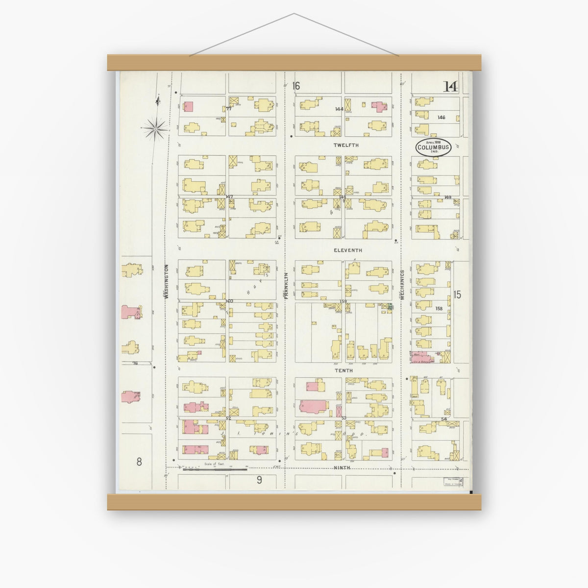 Old map wall art mockup — magnetic wood frame on white wall — Sanborn Fire Insurance Map from Columbus, Bartholomew County, Indiana (1898), Sheet #0014