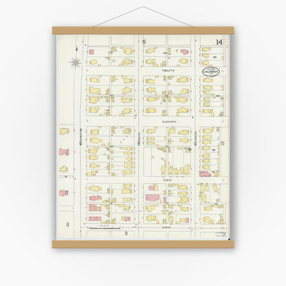 Old map wall art mockup — magnetic wood frame on white wall — Sanborn Fire Insurance Map from Columbus, Bartholomew County, Indiana (1898), Sheet #0014