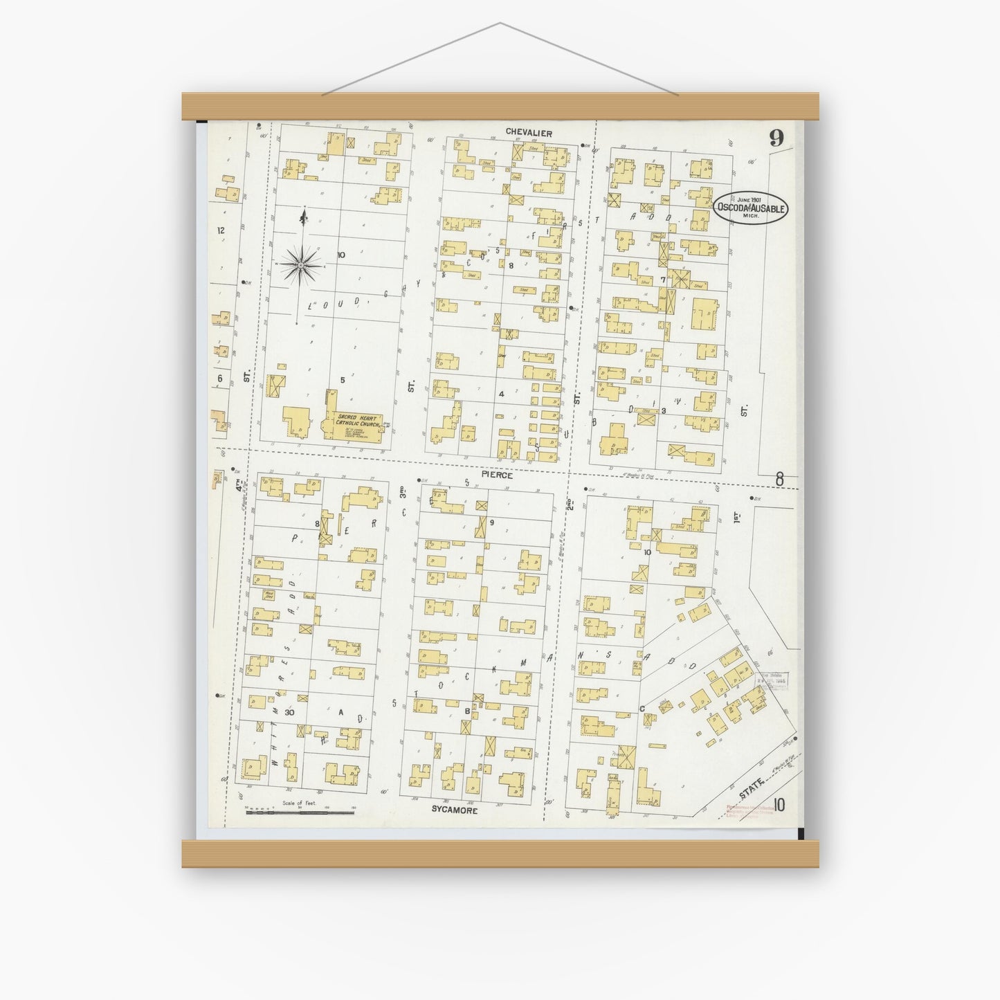 Old map wall art mockup — magnetic wood frame on white wall — Sanborn Fire Insurance Map from Oscoda, Iosco County, Michigan (1901), Sheet #0009