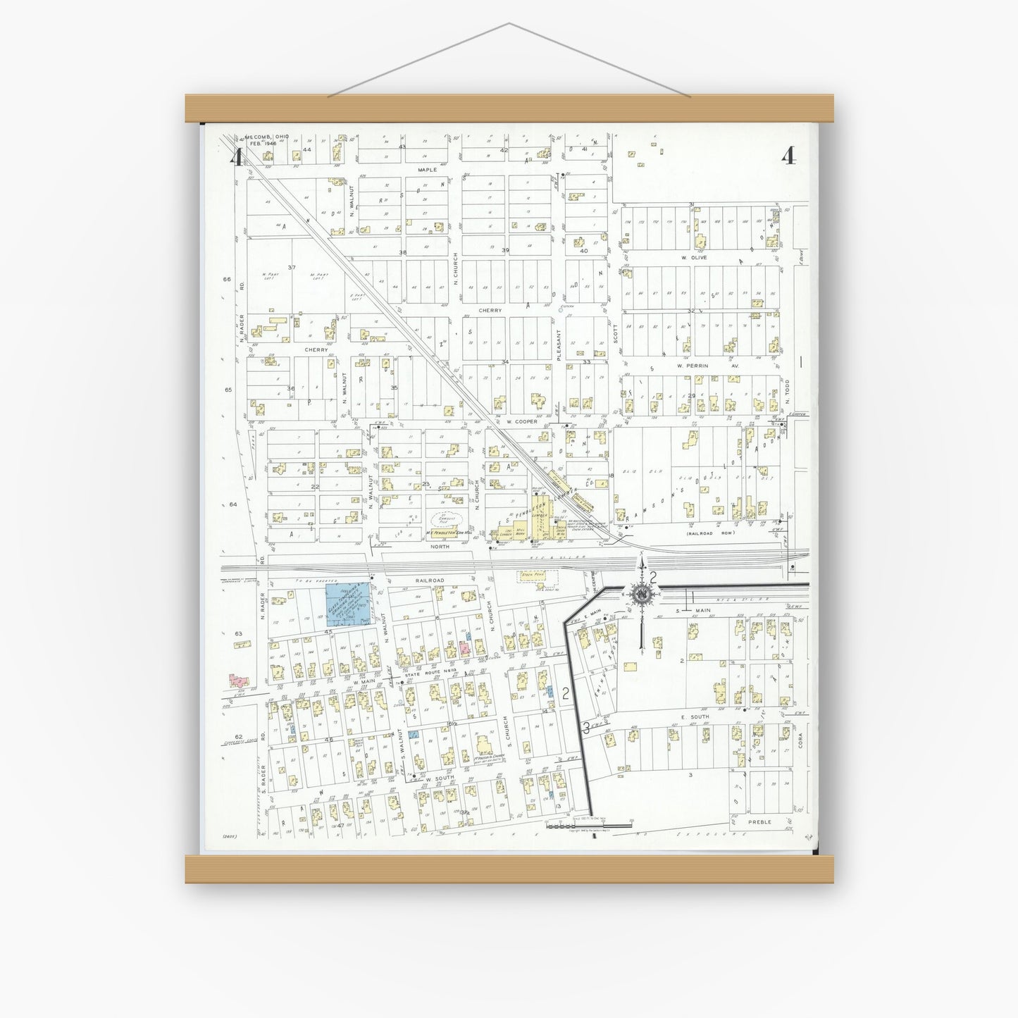 Old map wall art mockup — magnetic wood frame on white wall — Sanborn Fire Insurance Map from McComb, Hancock County, Ohio (1946), Sheet #0004