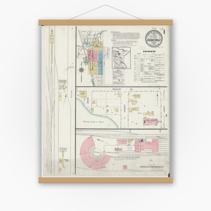Old map wall art mockup — magnetic wood frame on white wall — Sanborn Fire Insurance Map from Barnesville, Clay County, Minnesota (1914) - Complete Map Set