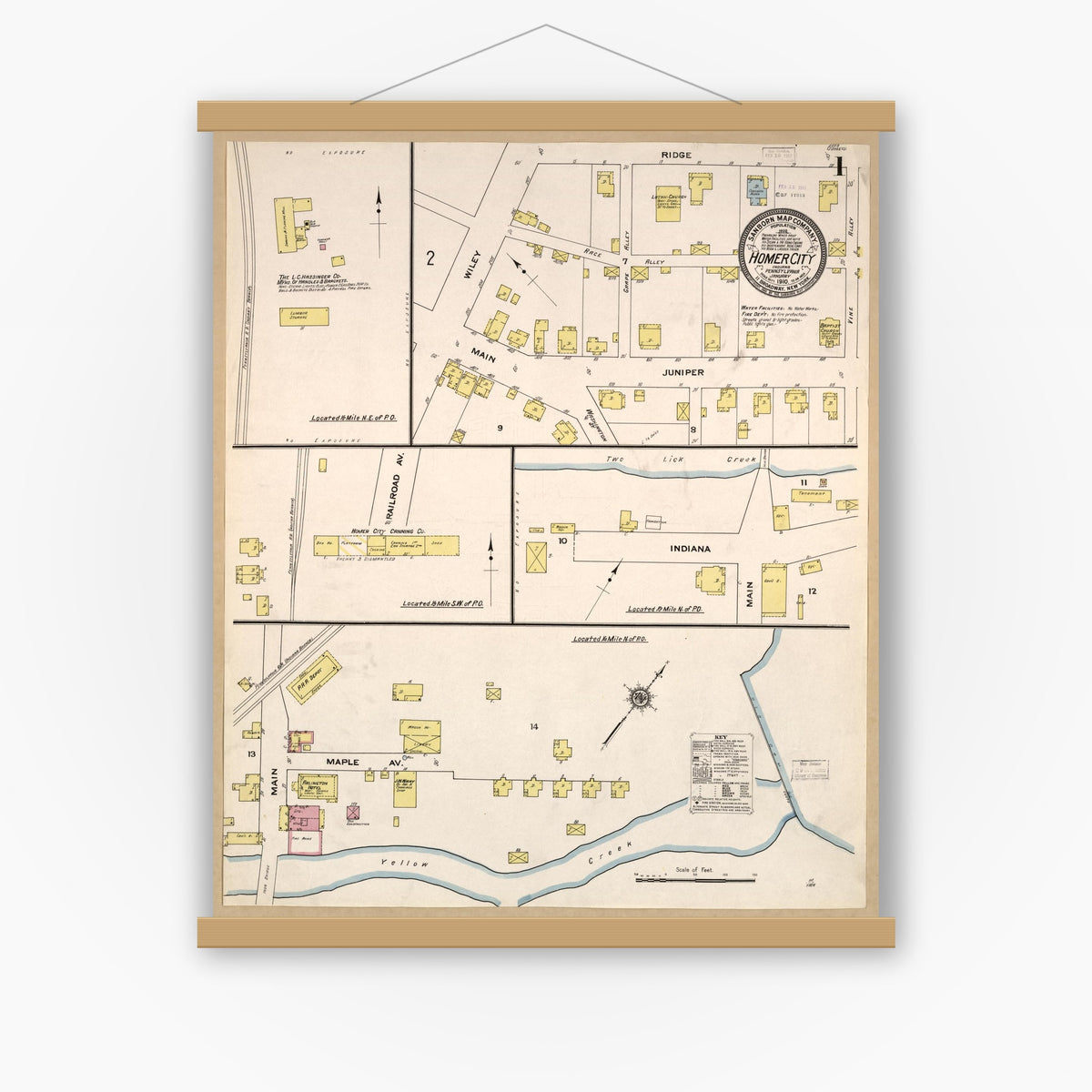Old map wall art mockup — magnetic wood frame on white wall — Sanborn Fire Insurance Map from Homer City, Indiana County, Pennsylvania (1910), Sheet #0001