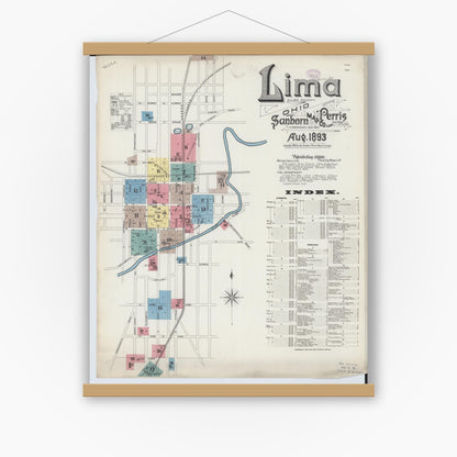 Old map wall art mockup — magnetic wood frame on white wall — Sanborn Fire Insurance Map from Lima, Allen County, Ohio (1893), Sheet #0001