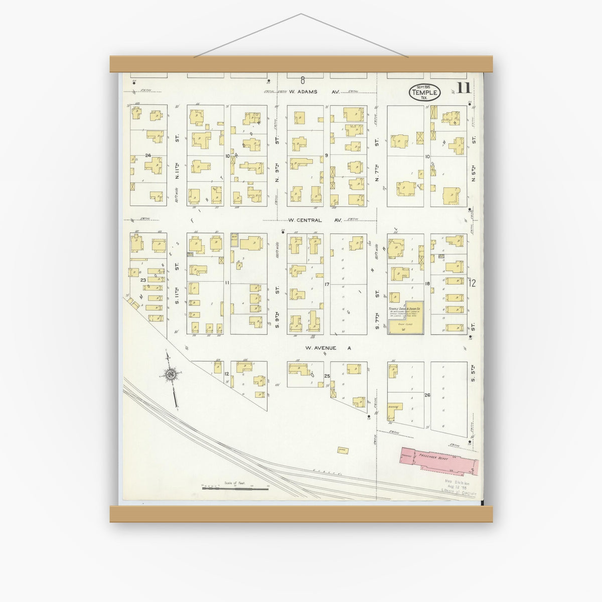 Old map wall art mockup — magnetic wood frame on white wall — Sanborn Fire Insurance Map from Temple, Bell County, Texas (1915), Sheet #0011