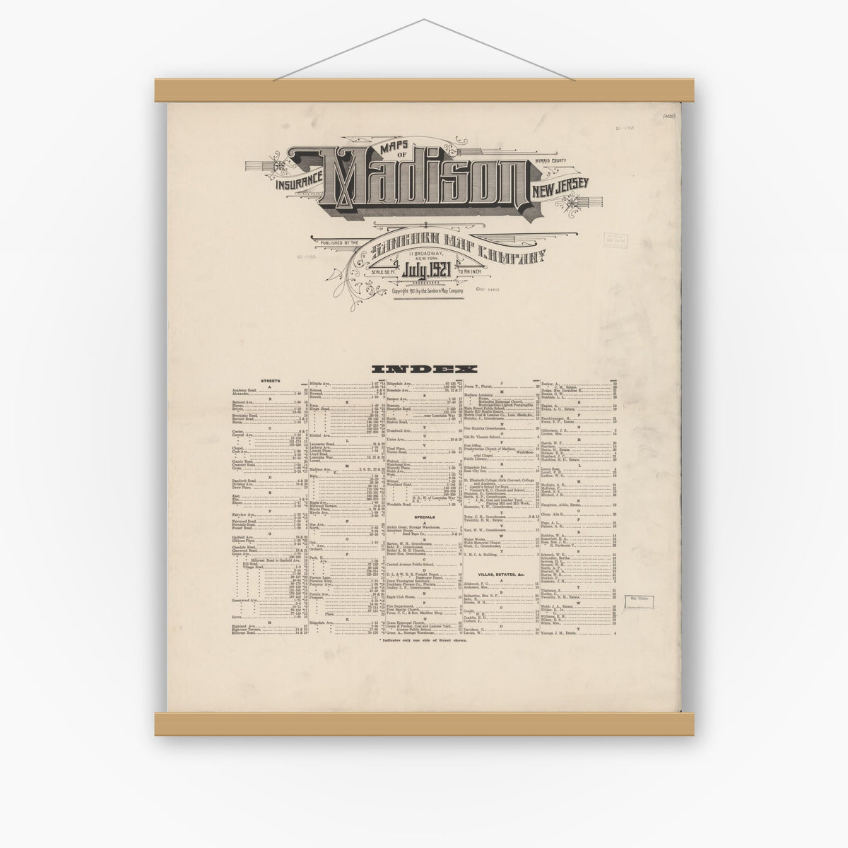 Old map wall art mockup — magnetic wood frame on white wall — Sanborn Fire Insurance Map from Madison, Morris County, New Jersey (1921), Sheet #0001