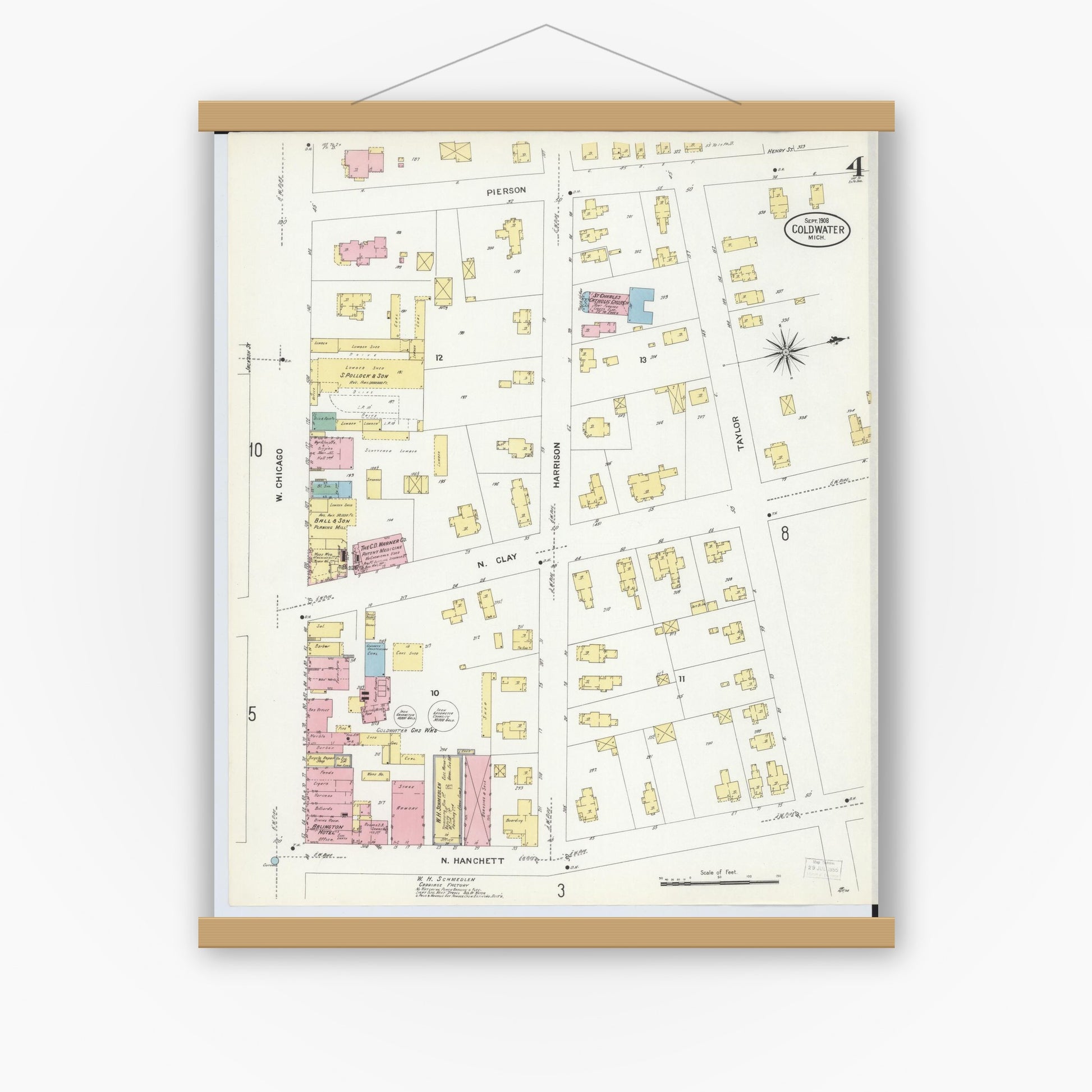 Old map wall art mockup — magnetic wood frame on white wall — Sanborn Fire Insurance Map from Coldwater, Branch County, Michigan (1908), Sheet #0004