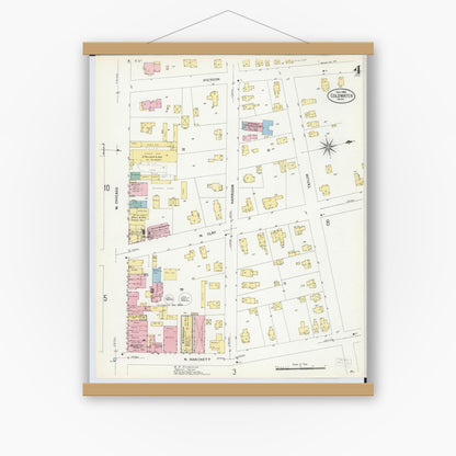 Old map wall art mockup — magnetic wood frame on white wall — Sanborn Fire Insurance Map from Coldwater, Branch County, Michigan (1908), Sheet #0004