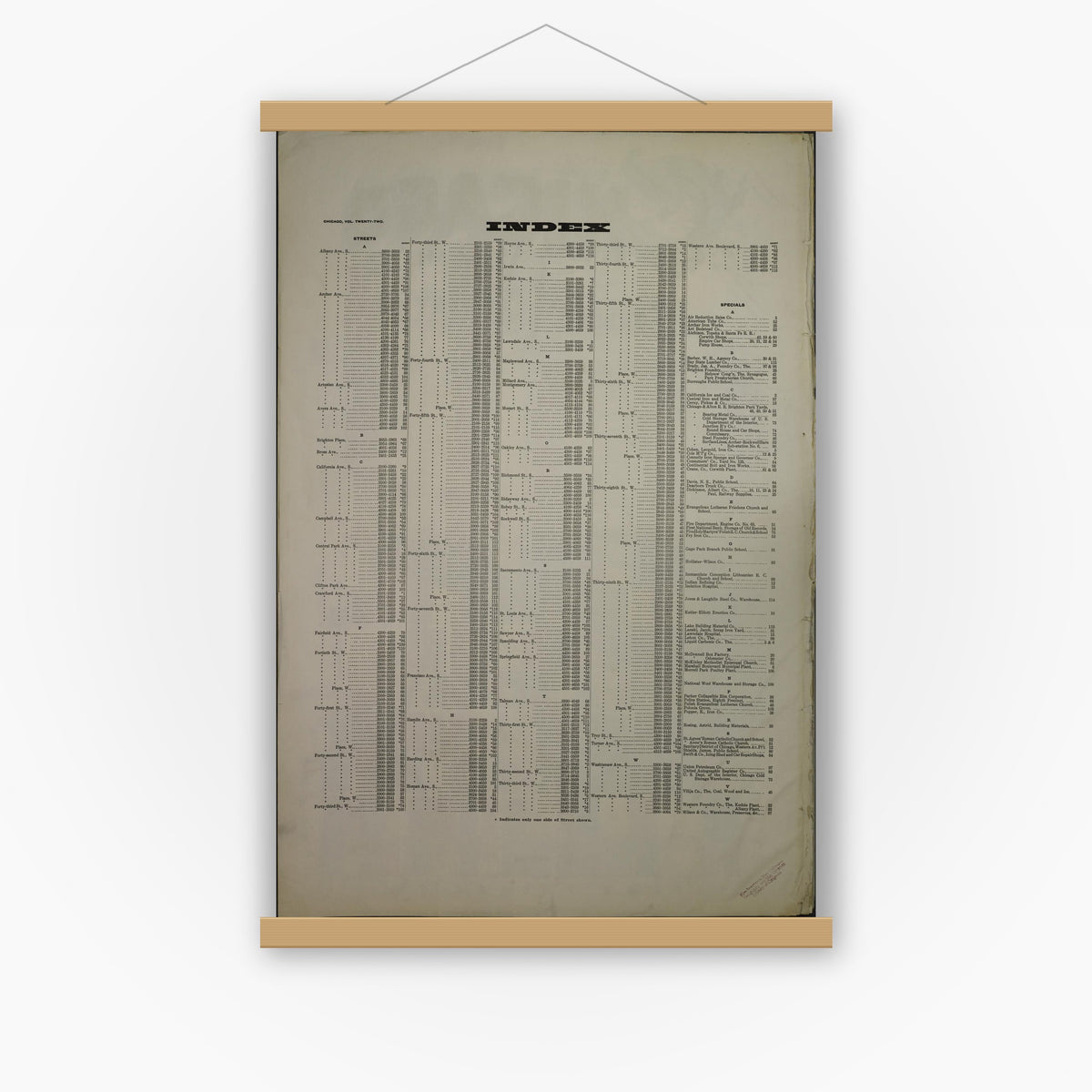 Old map wall art mockup — magnetic wood frame on white wall — Sanborn Fire Insurance Map from Chicago, Cook County, Illinois (1919), Sheet #0001