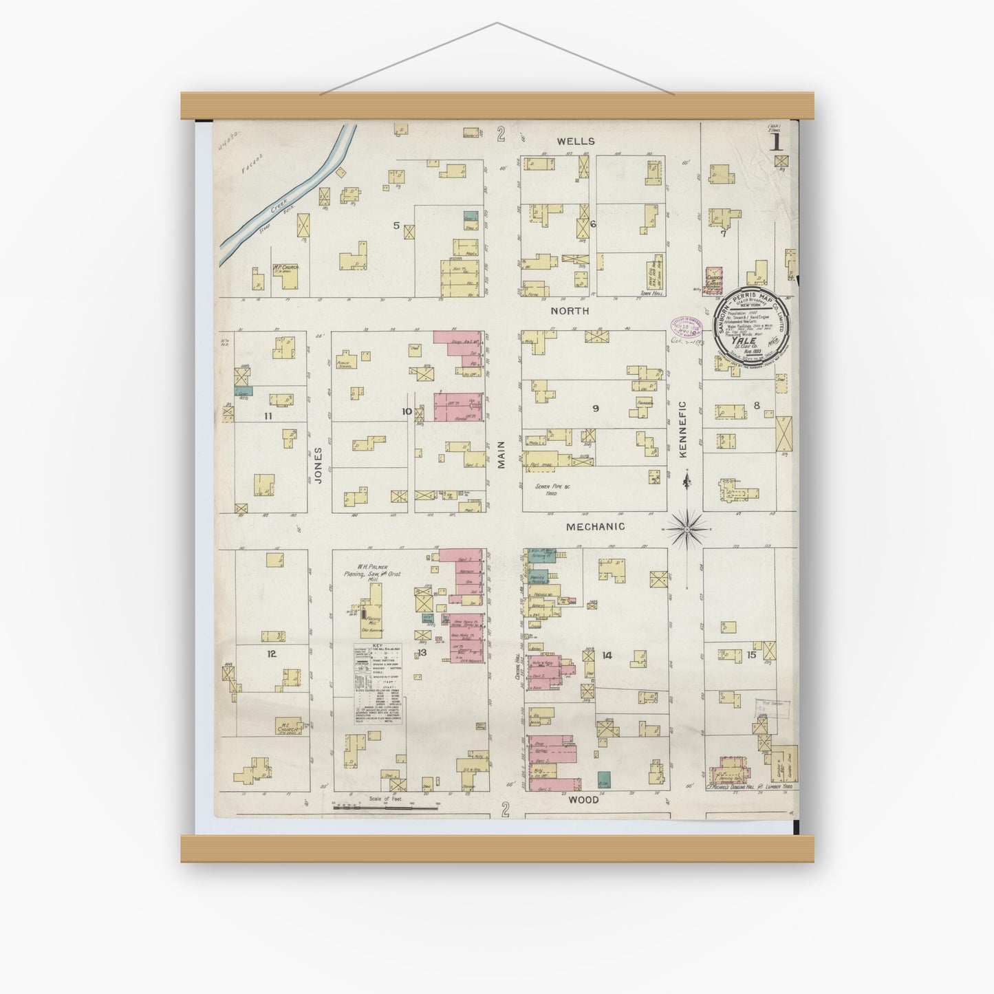 Old map wall art mockup — magnetic wood frame on white wall — Sanborn Fire Insurance Map from Yale, Saint Clair County, Michigan (1893), Sheet #0001