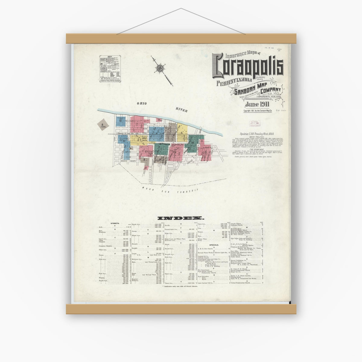 Old map wall art mockup — magnetic wood frame on white wall — Sanborn Fire Insurance Map from Coraopolis, Allegheny County, Pennsylvania (1911) - Complete Map Set