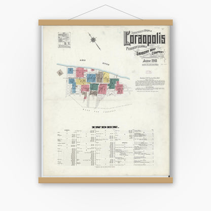 Old map wall art mockup — magnetic wood frame on white wall — Sanborn Fire Insurance Map from Coraopolis, Allegheny County, Pennsylvania (1911) - Complete Map Set