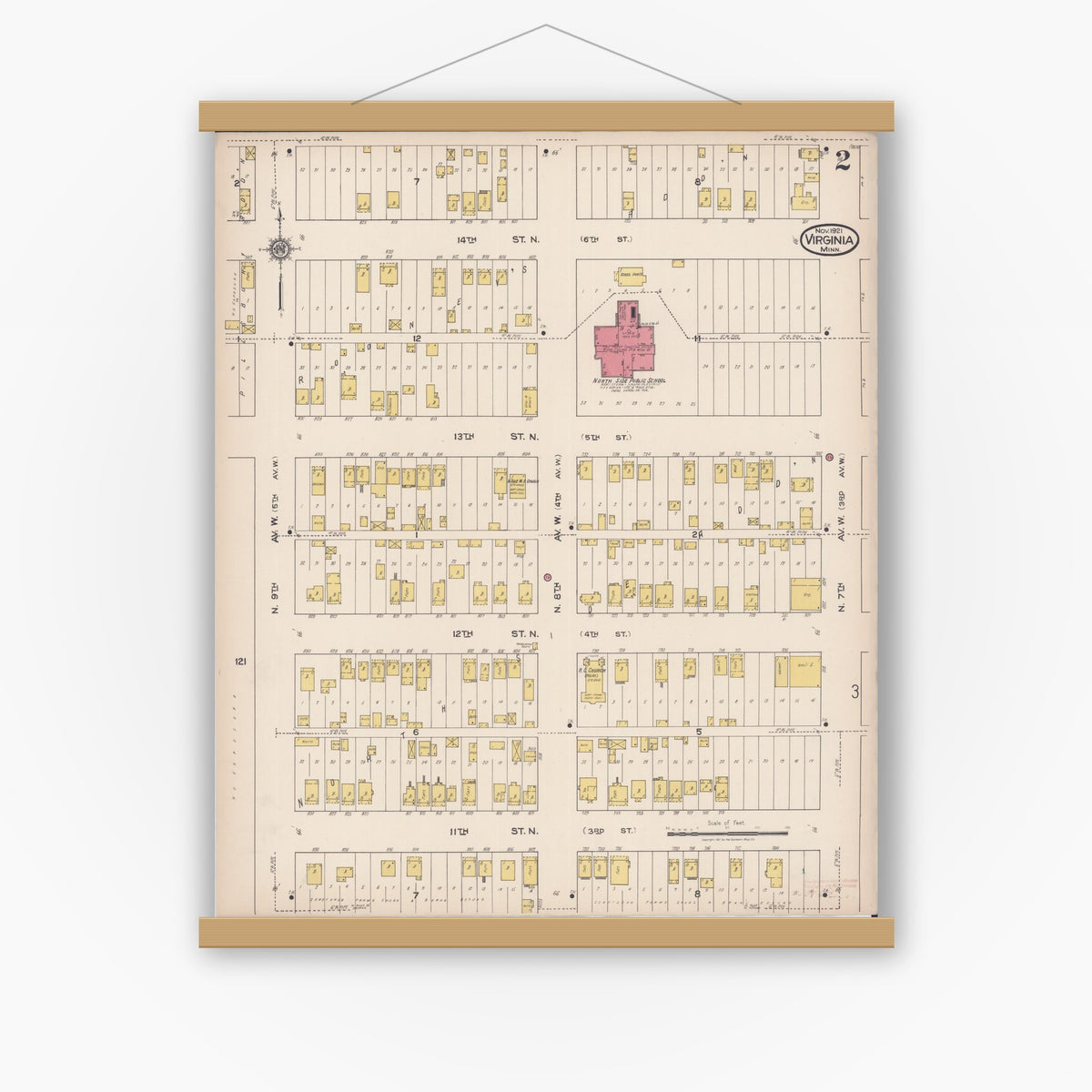 Old map wall art mockup — magnetic wood frame on white wall — Sanborn Fire Insurance Map from Virginia, Saint Louis County, Minnesota (1921), Sheet #0002