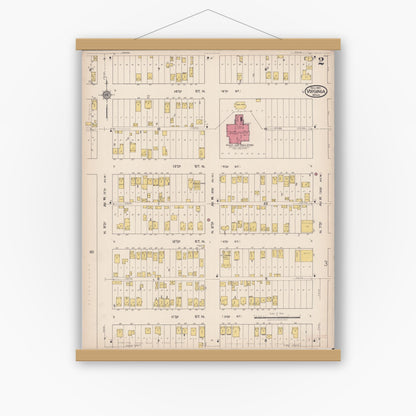 Old map wall art mockup — magnetic wood frame on white wall — Sanborn Fire Insurance Map from Virginia, Saint Louis County, Minnesota (1921), Sheet #0002