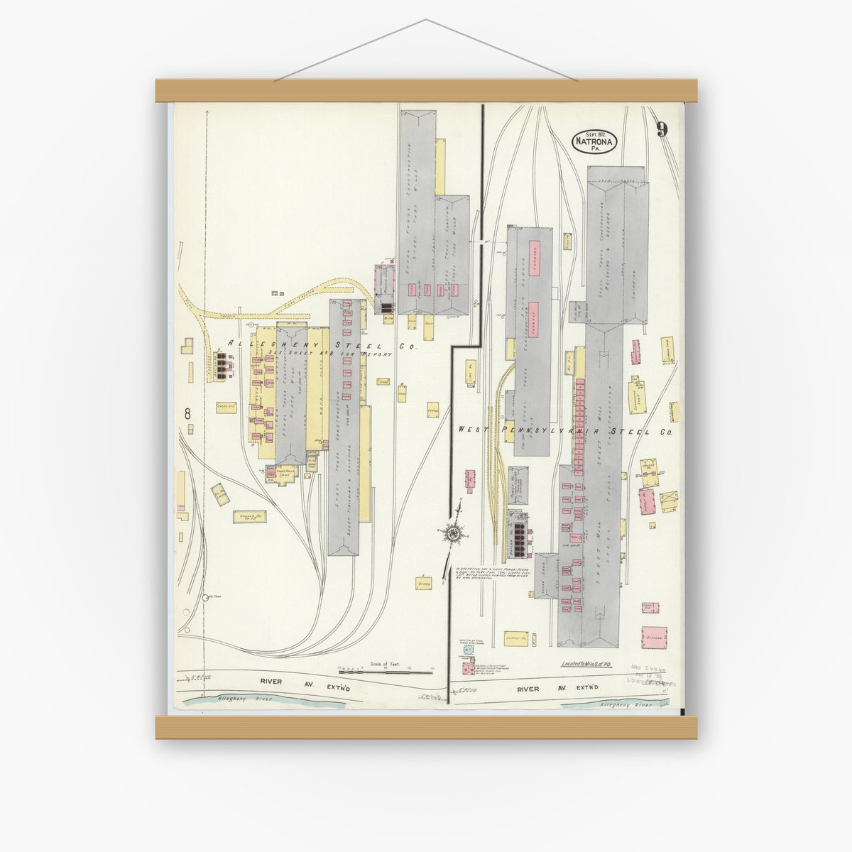 Old map wall art mockup — magnetic wood frame on white wall — Sanborn Fire Insurance Map from Natrona, Allegheny County, Pennsylvania (1912), Sheet #0009