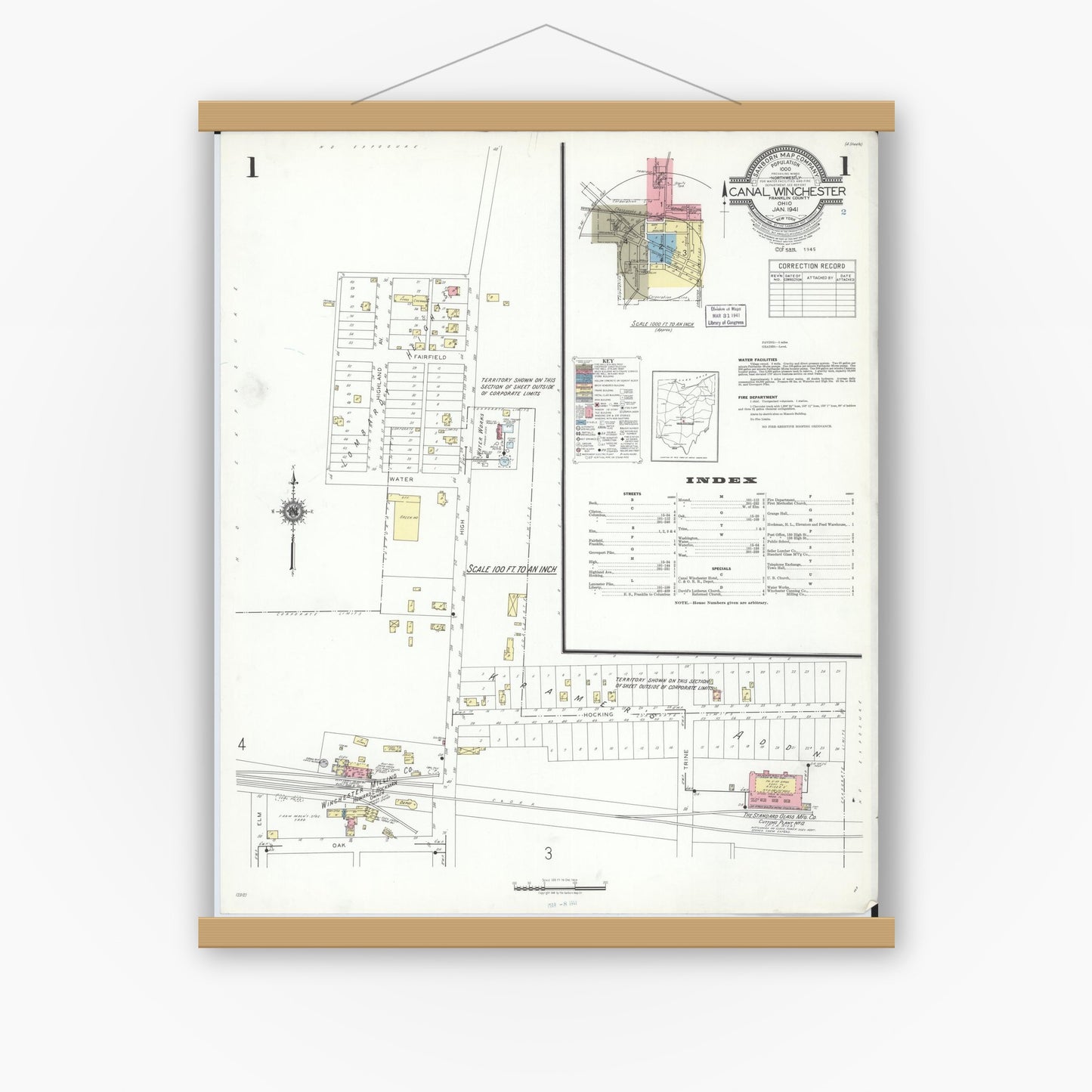 Old map wall art mockup — magnetic wood frame on white wall — Sanborn Fire Insurance Map from Canal Winchester, Franklin County, Ohio (1941), Sheet #0001
