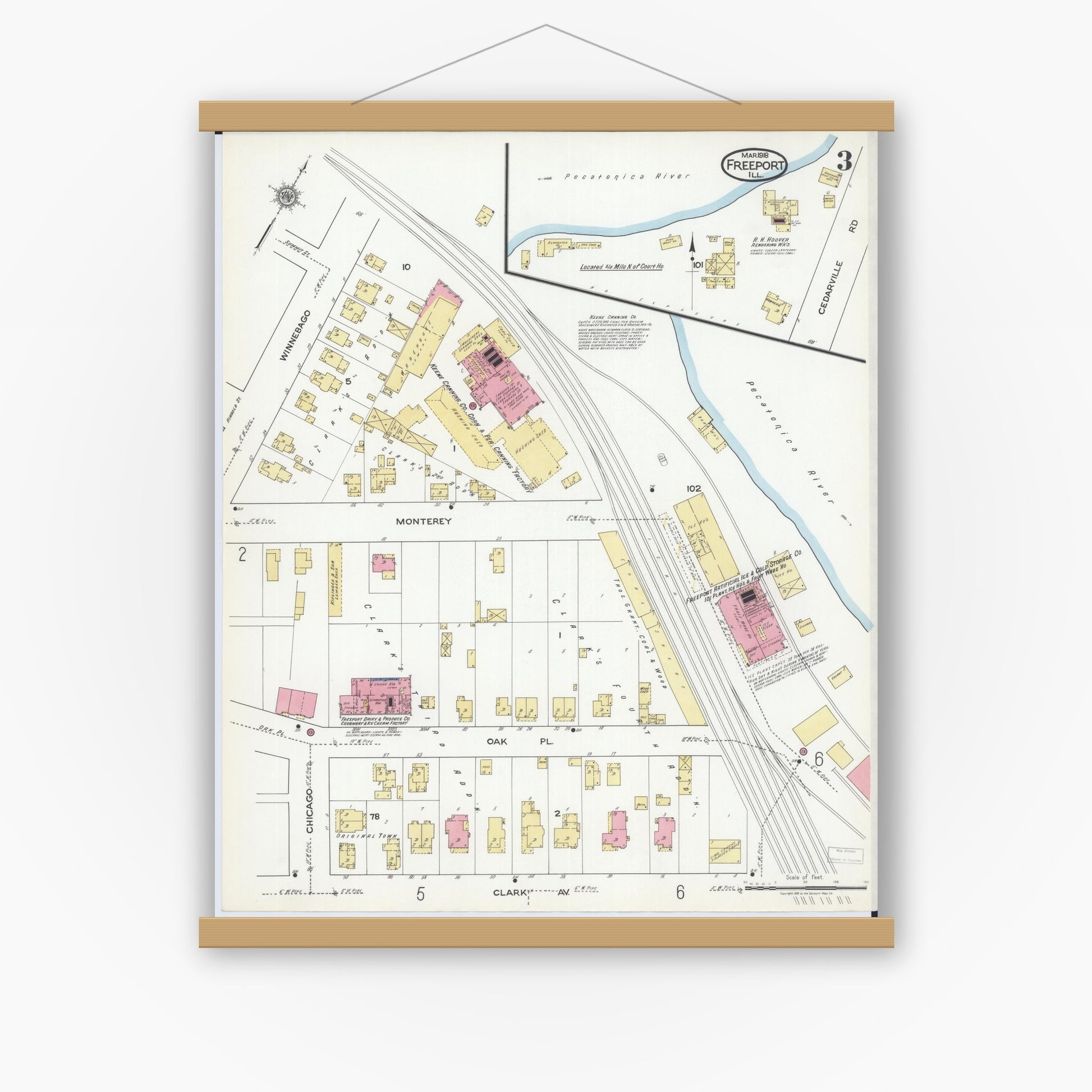Old map wall art mockup — magnetic wood frame on white wall — Sanborn Fire Insurance Map from Freeport, Stephenson County, Illinois (1918), Sheet #0003