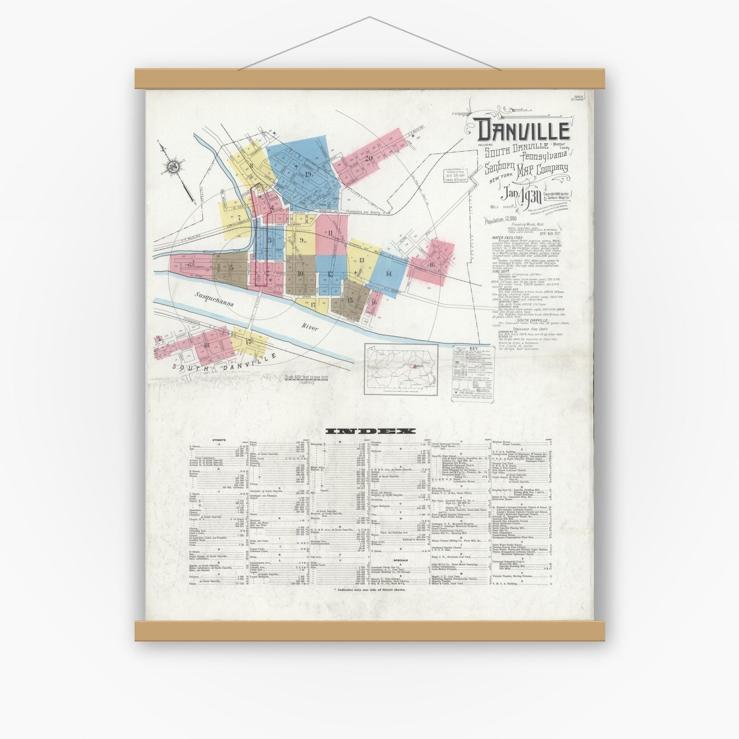 Old map wall art mockup — magnetic wood frame on white wall — Sanborn Fire Insurance Map from Danville, Montour County, Pennsylvania (1930) - Complete Map Set