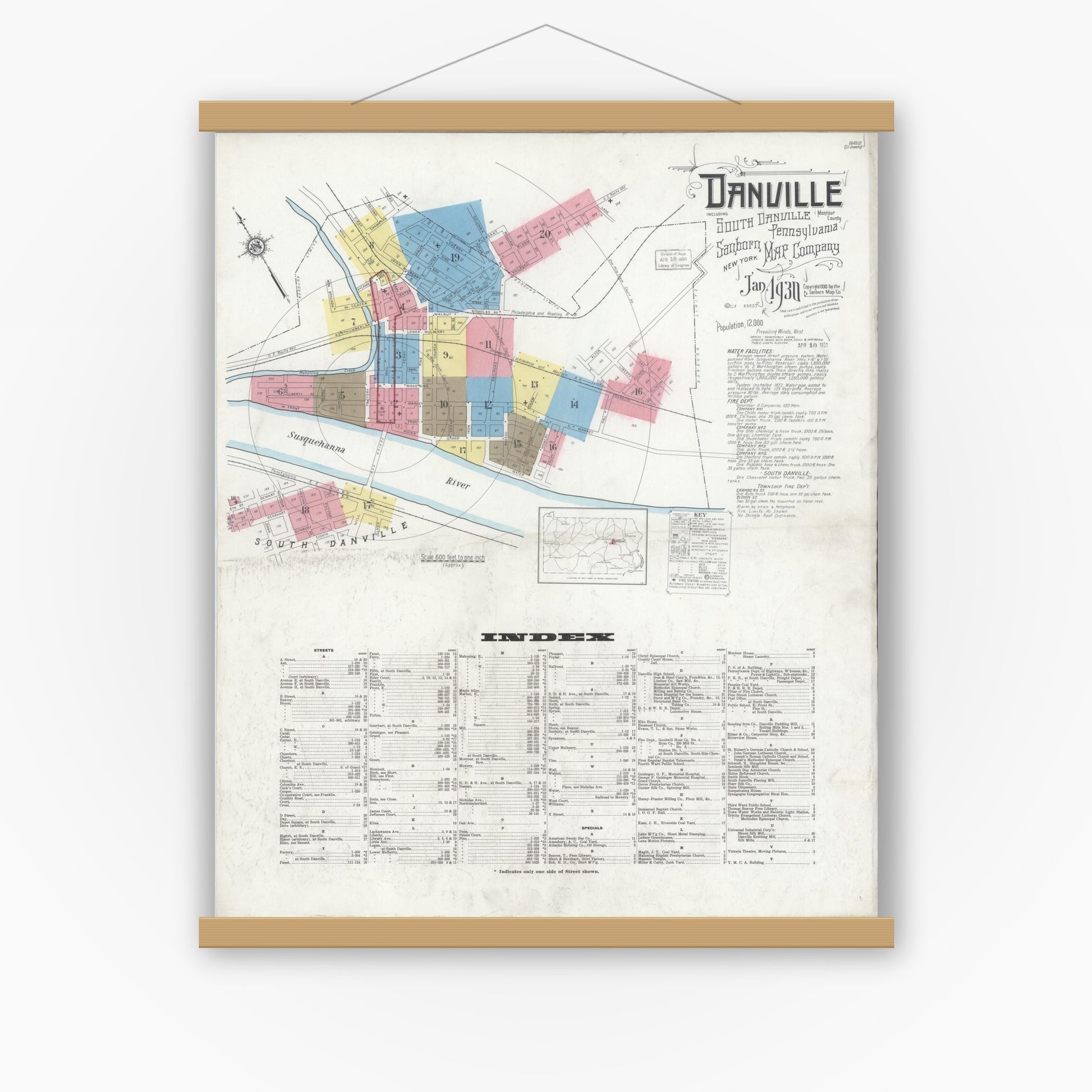Old map wall art mockup — magnetic wood frame on white wall — Sanborn Fire Insurance Map from Danville, Montour County, Pennsylvania (1930) - Complete Map Set