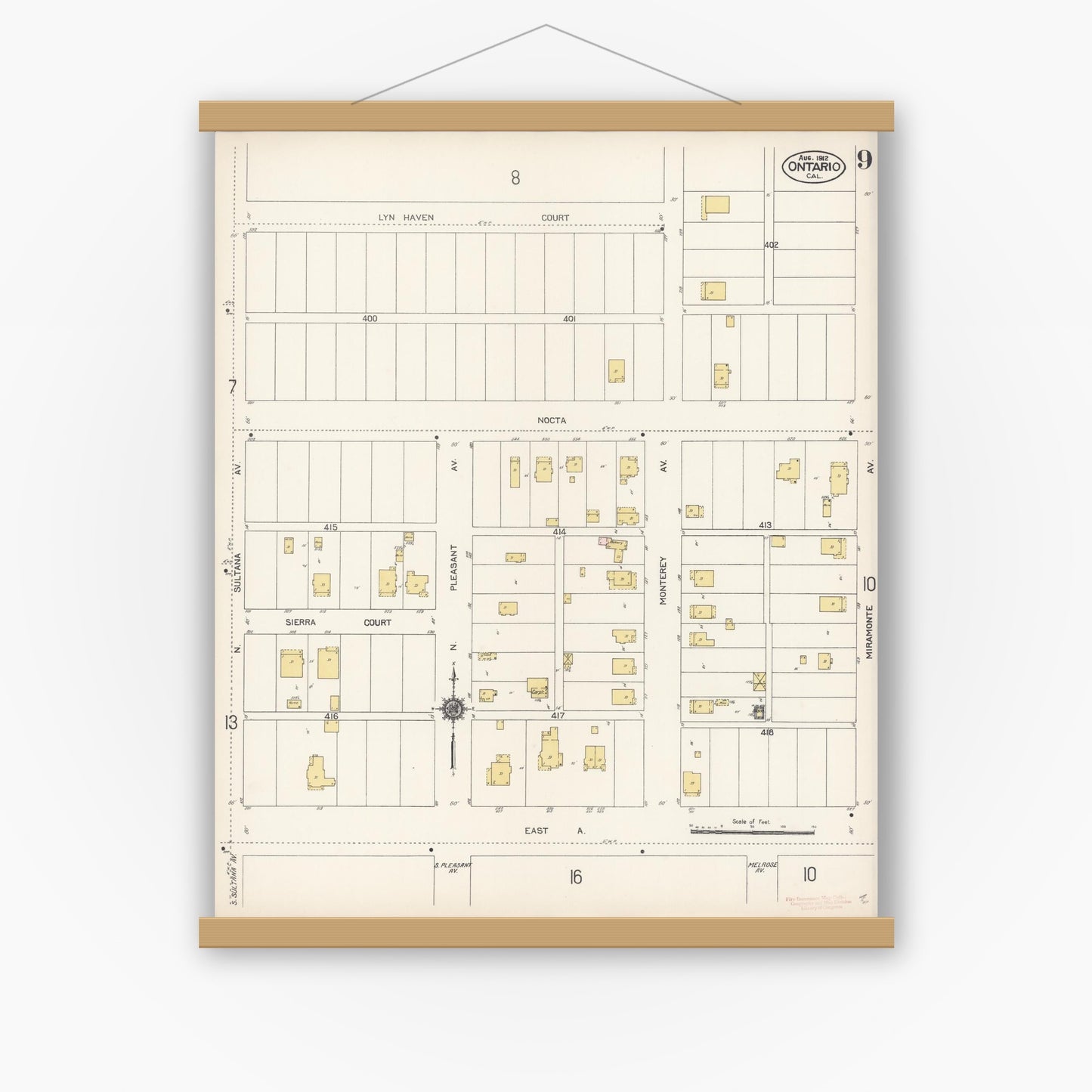 Old map wall art mockup — magnetic wood frame on white wall — Sanborn Fire Insurance Map from Ontario, San Bernardino County, California (1912), Sheet #0009