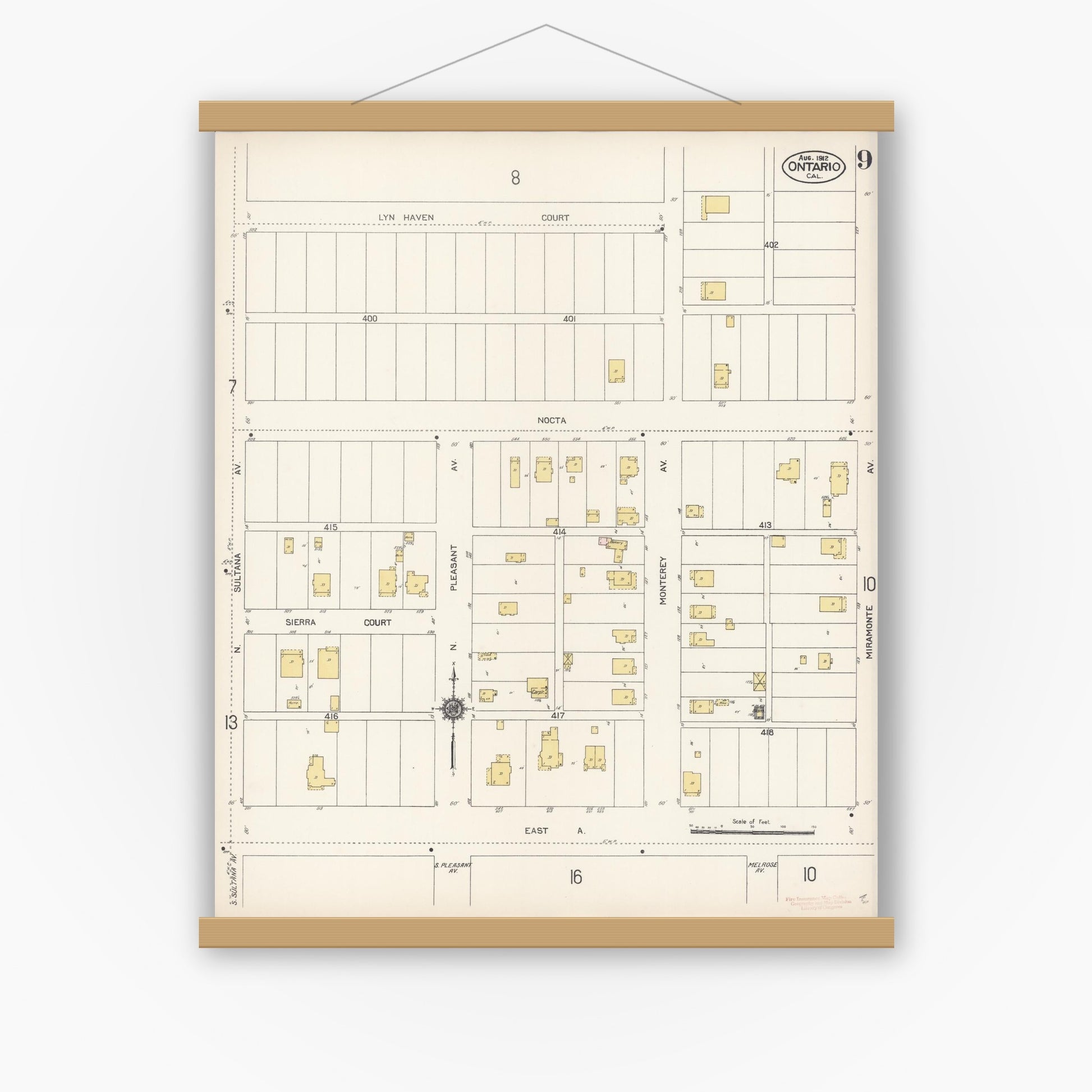 Old map wall art mockup — magnetic wood frame on white wall — Sanborn Fire Insurance Map from Ontario, San Bernardino County, California (1912), Sheet #0009