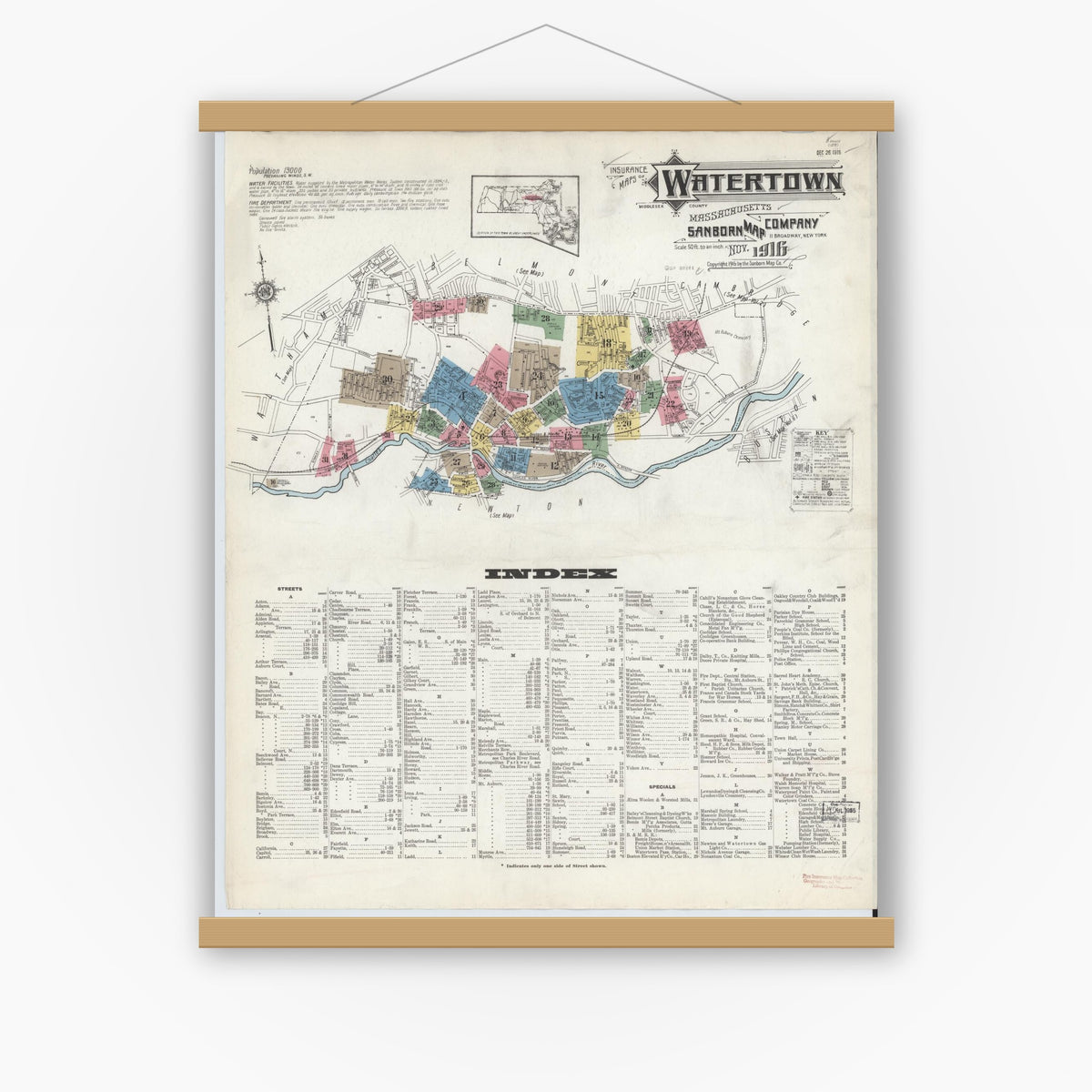 Old map wall art mockup — magnetic wood frame on white wall — Sanborn Fire Insurance Map from Watertown, Middlesex County, Massachusetts (1916) - Complete Map Set
