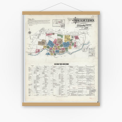 Old map wall art mockup — magnetic wood frame on white wall — Sanborn Fire Insurance Map from Watertown, Middlesex County, Massachusetts (1916) - Complete Map Set