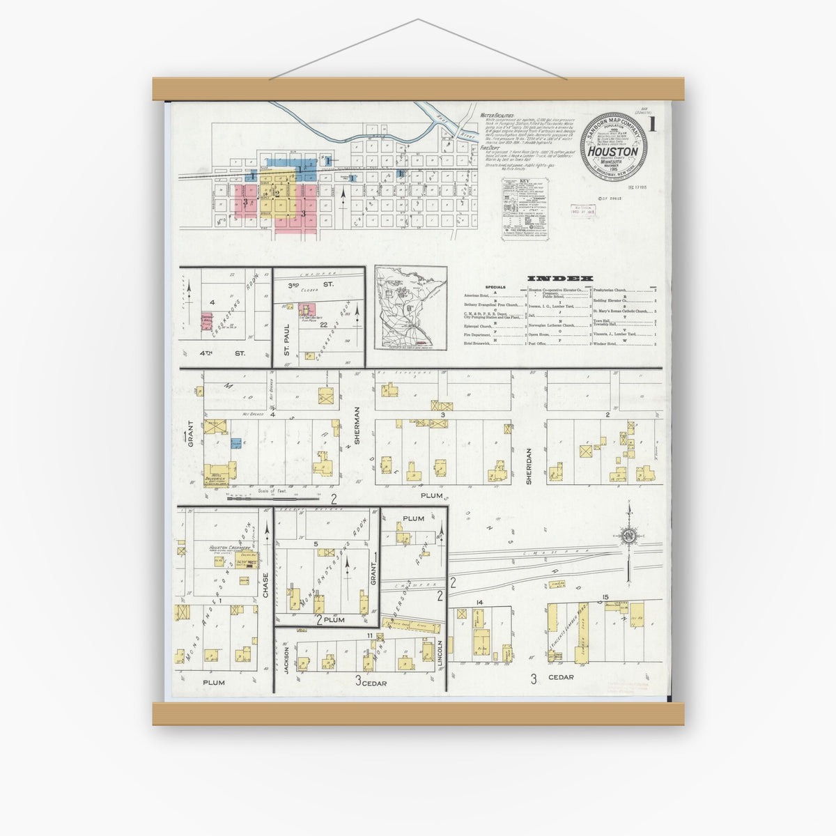 Old map wall art mockup — magnetic wood frame on white wall — Sanborn Fire Insurance Map from Houston, Houston County, Minnesota (1915) - Complete Map Set